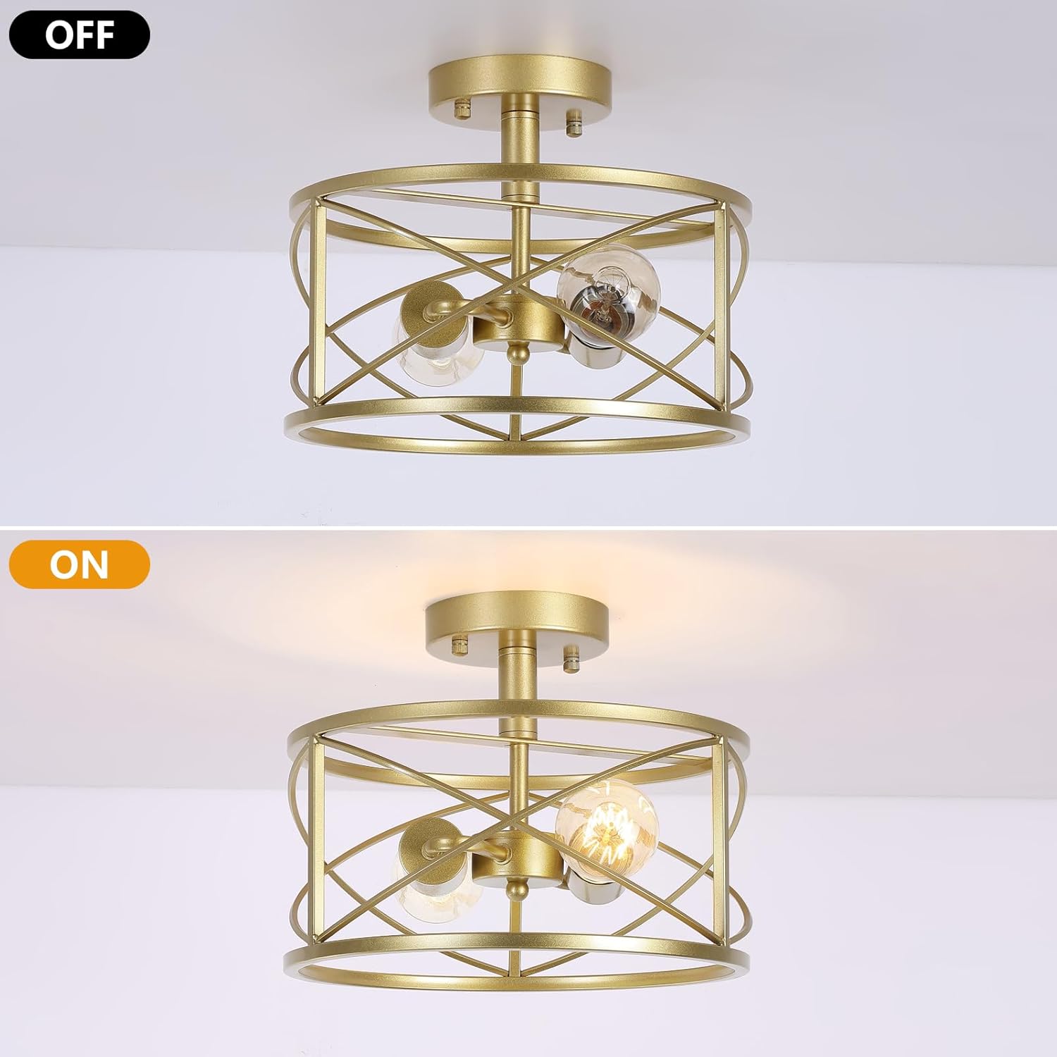 2-Light Semi Flush Mount Matte Gold Ceiling Light Fixture, Farmhouse Industrial Metal Cage with Adjustable Height, Dimmable for Hallway Entryway Kitchen Bedroom Foyer Laundry Low Ceiling
