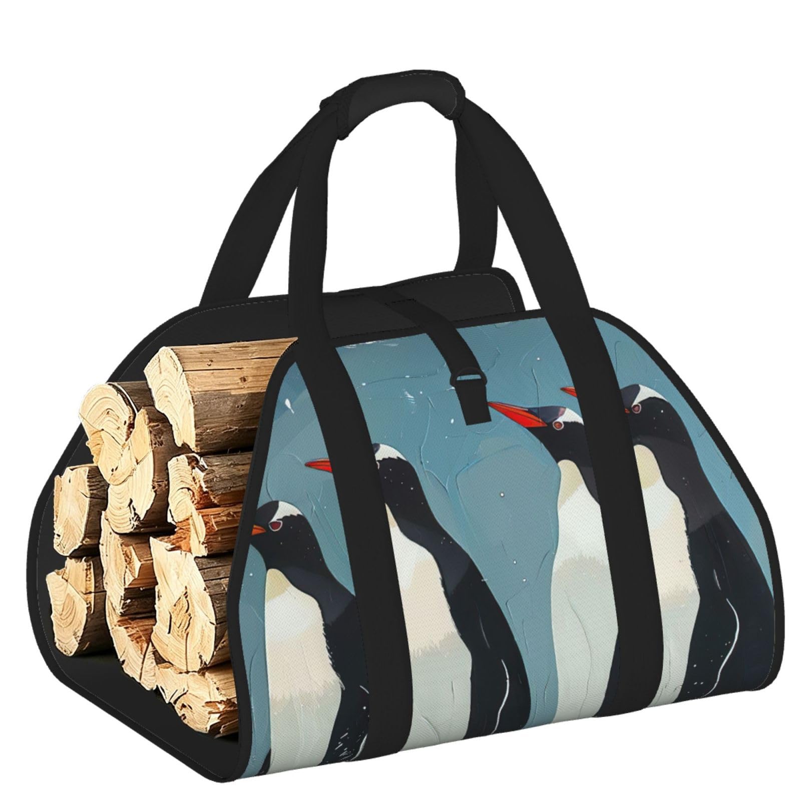 Penguin Print Firewood Bag Wood Carrier Transport Sack Camping Picnic Storage Daily Home
