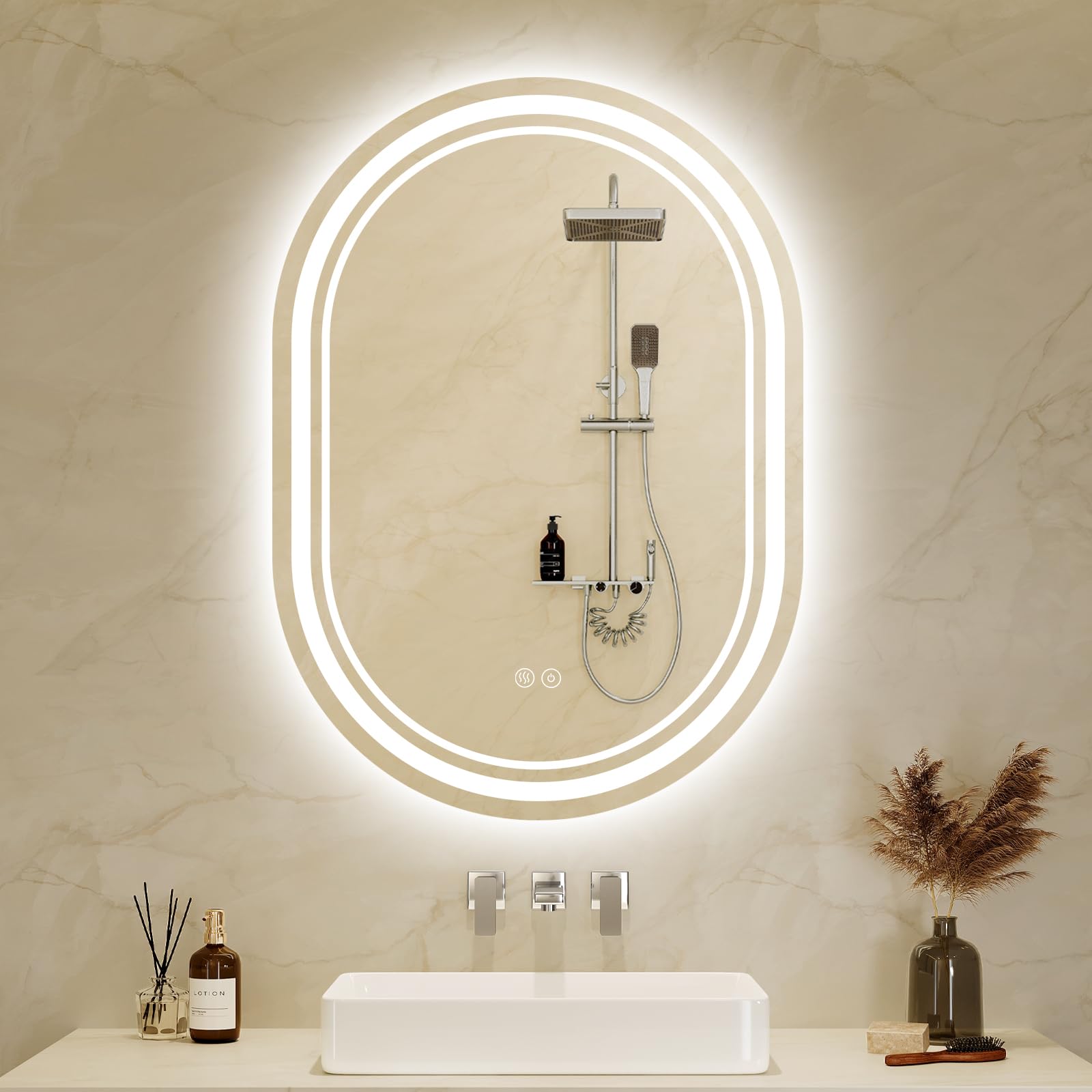 Zurehome Bathroom Mirror with LED Lights 50x70cm: Oval LED Bathroom Mirror with Anti-Fog, Touch Sensor, 3 Colors Dimmable, Memory Function Illuminated Bathroom Wall Mirror