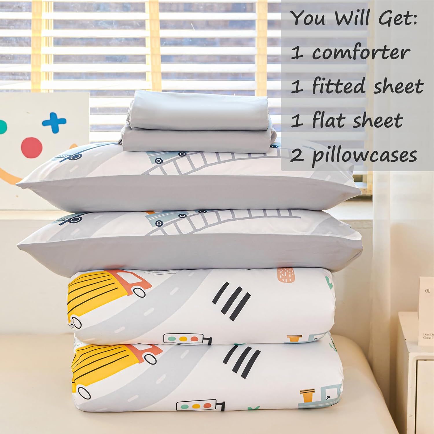YOU SA 5Pcs Car Comforter Bed Set for Kids Queen Size Cute Bedding Sets with Sheet for Boys Teens Cartoon Vehicles Bed in a Bag, White