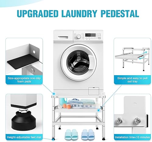 Miniatura 5 de Pedestales para lavadora y secadora, 25 pulgadas de ancho, soporte de lavadora de 24 pulgadas de altura con estante de almacenamiento, pedestal de