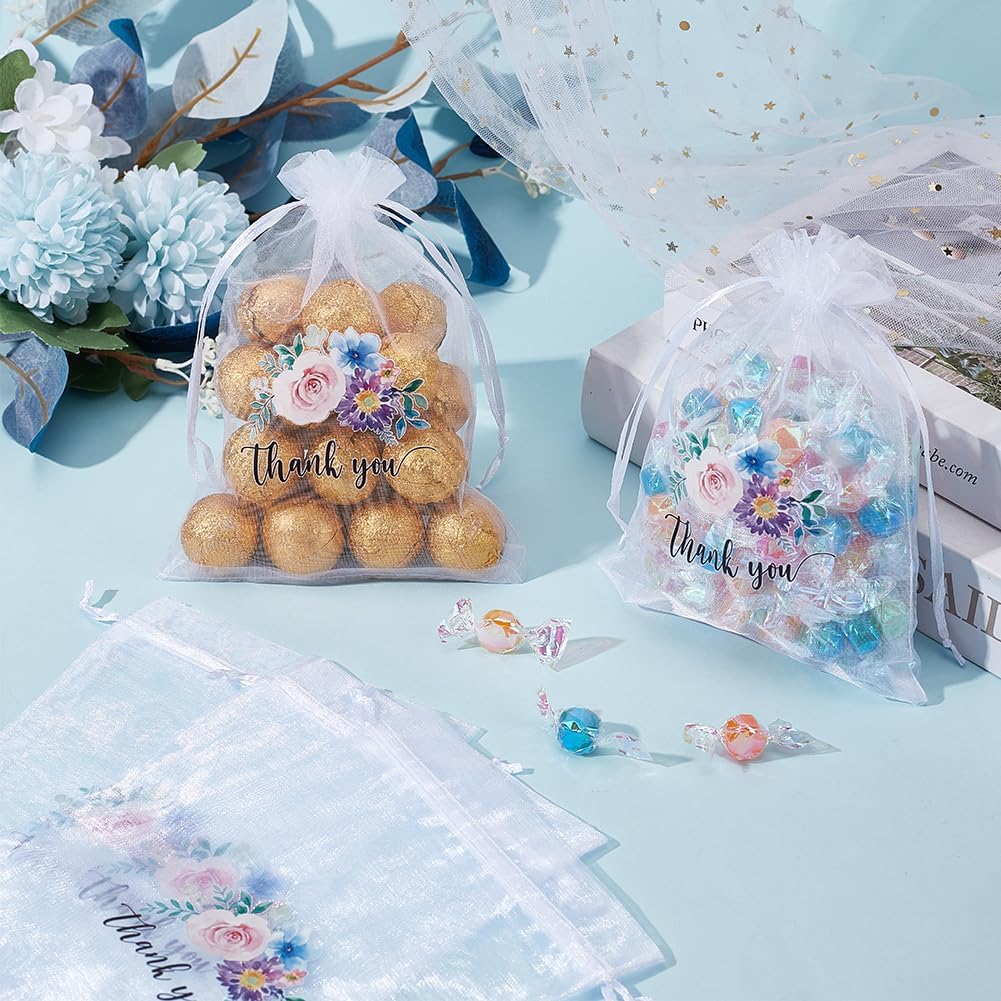 Beebeecraft 30Pcs Thank You Organza Bag 5x7 Inch Small Mesh Bags with Drawstring White Sheer Wedding Party Favor Gift Bags Flower Jewelry Mesh Pouch for Candy Storage Christmas Birthday Gifts Wrapping