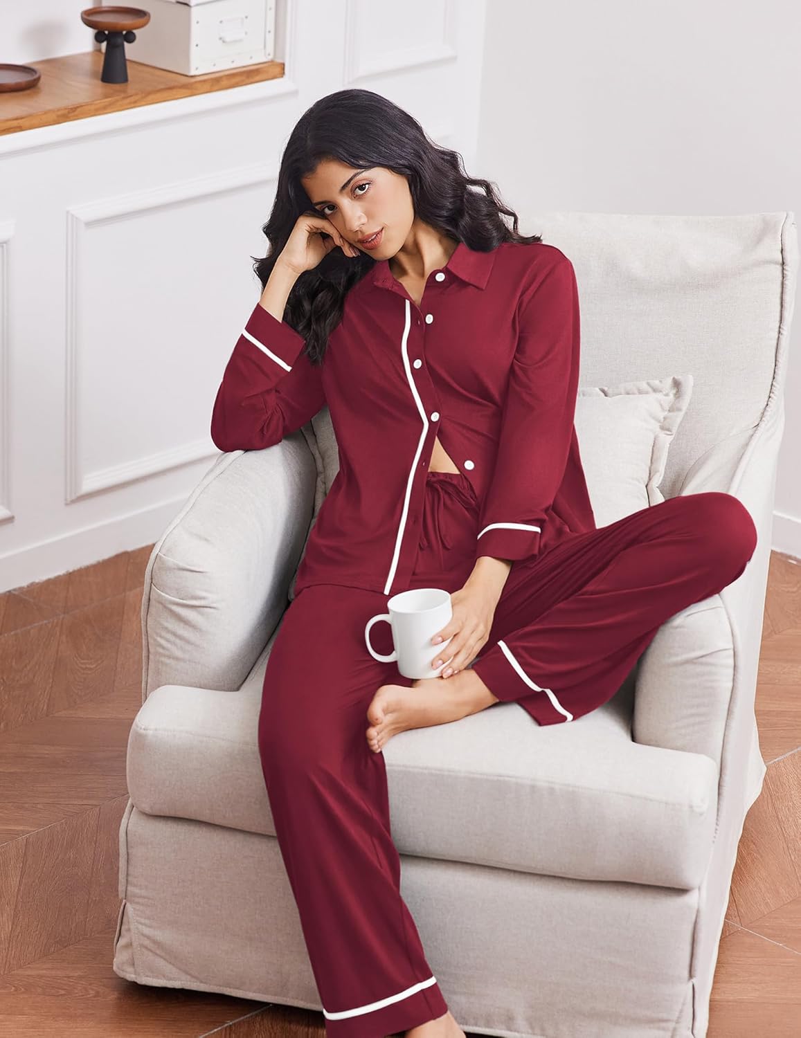 Ekouaer Womens Pajama Sets Long Sleeve Sleepwear Soft Button Down Pjs 2 Piece Loungewear witn Pants S-XXL - Image 3