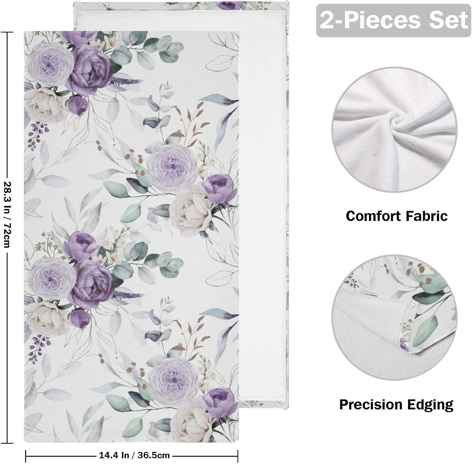 Purple Peony Rose Flower Hand Towels for Bathroom Set of 2 Microfiber Spring Green Eucalyptus Floral Leave Kitchen Dish Towels Decorative Bathroom Towels for Bath Face Guest Shower 14"x28" - Image 2