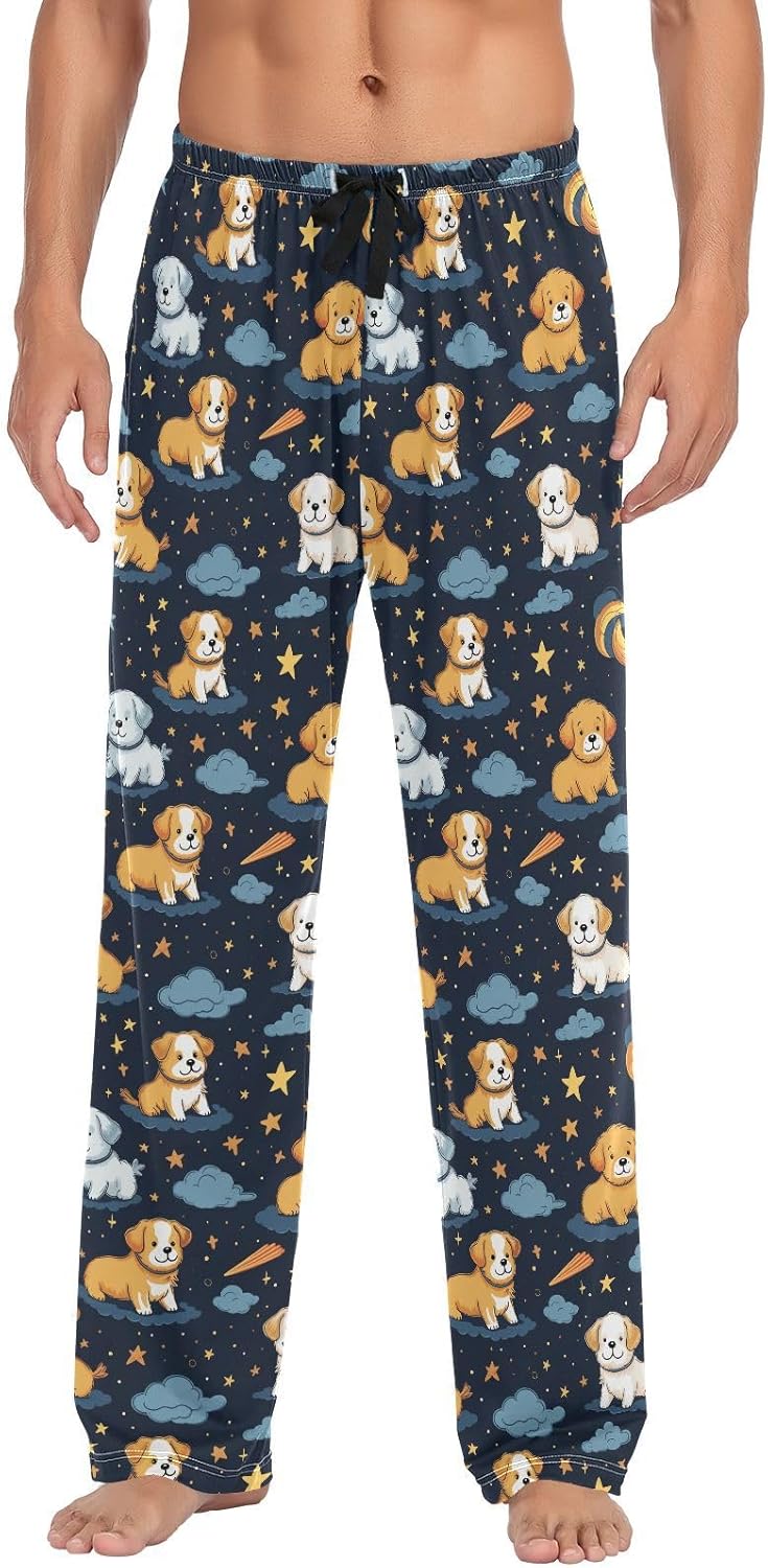 ALAZA Cute Puppy Dogs Moon Stars Men's Sleepwear Mens Pajama Pants Bottoms with Pockets, S