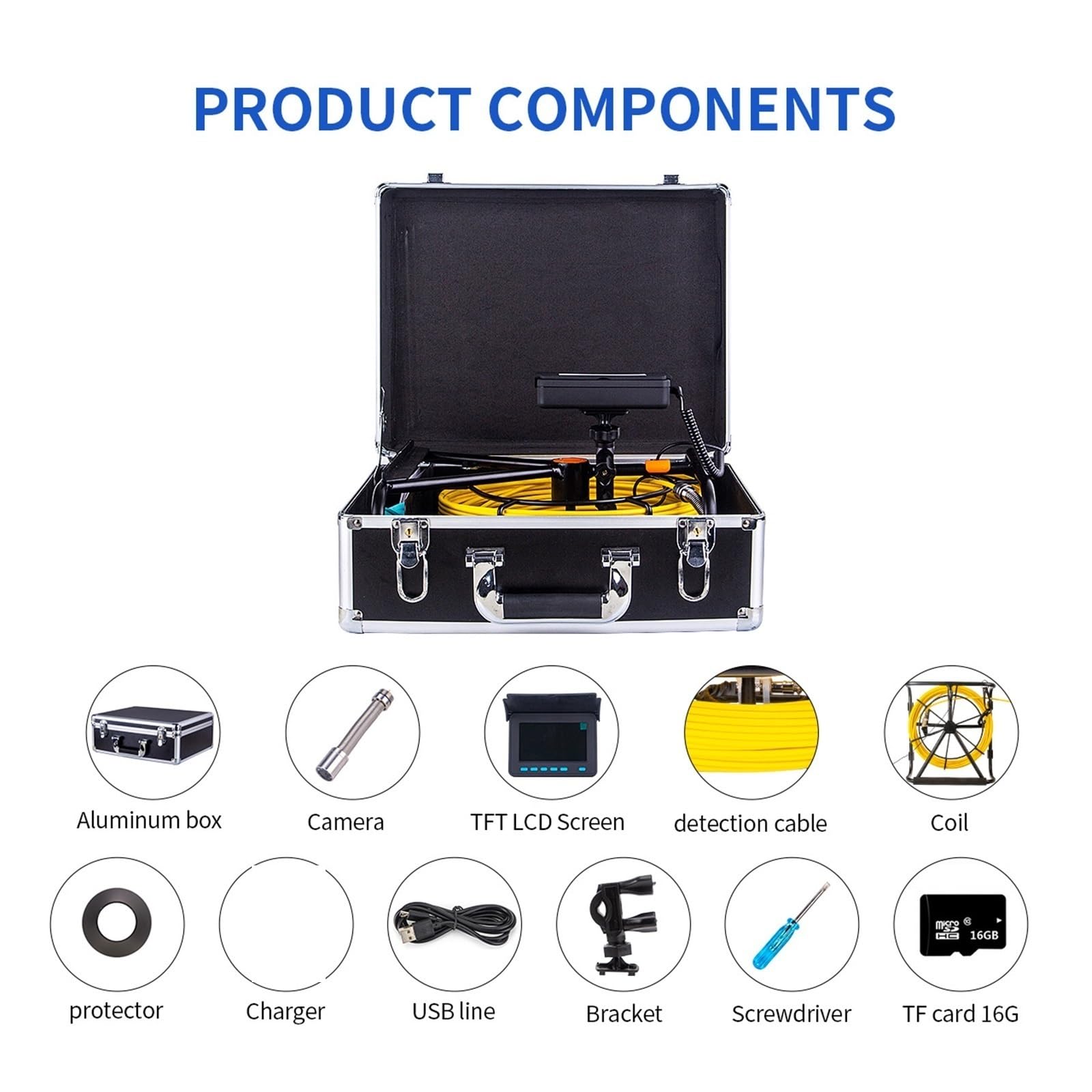 Cámaras de endoscopio tuberías 4.3in HD 16GB DVR Monitor, 10M-50M IP68 Cámara inspección alcantarillado drenaje industrial Endoscopio(10m,NO DVR 17mm)