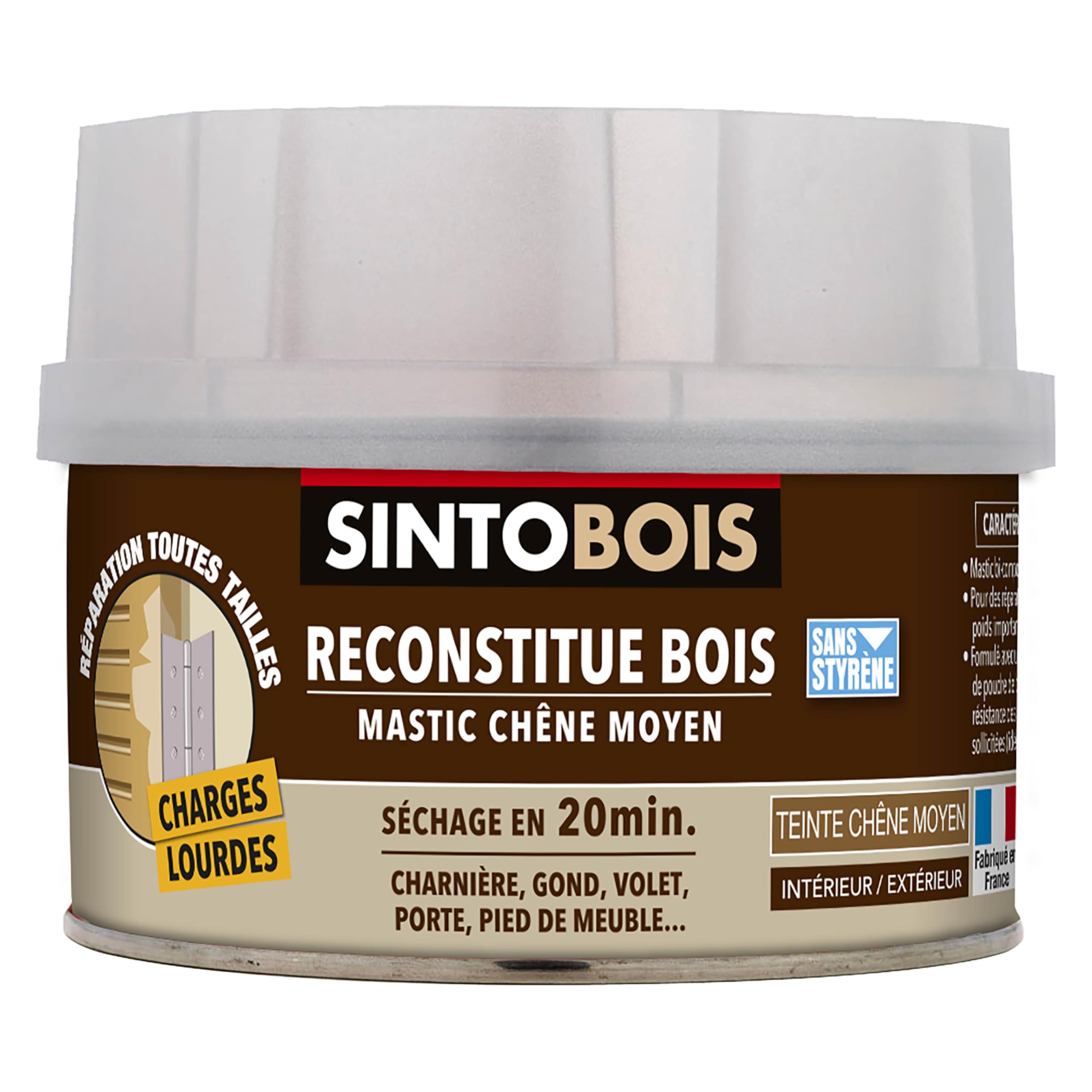 SINTO Mastic reconstitue bois charges lourdes chêne moyen 500ml, résistant aux chocs et poids importants, sec en 20 min, répare charnières gonds volets et portes, intérieur et extérieur