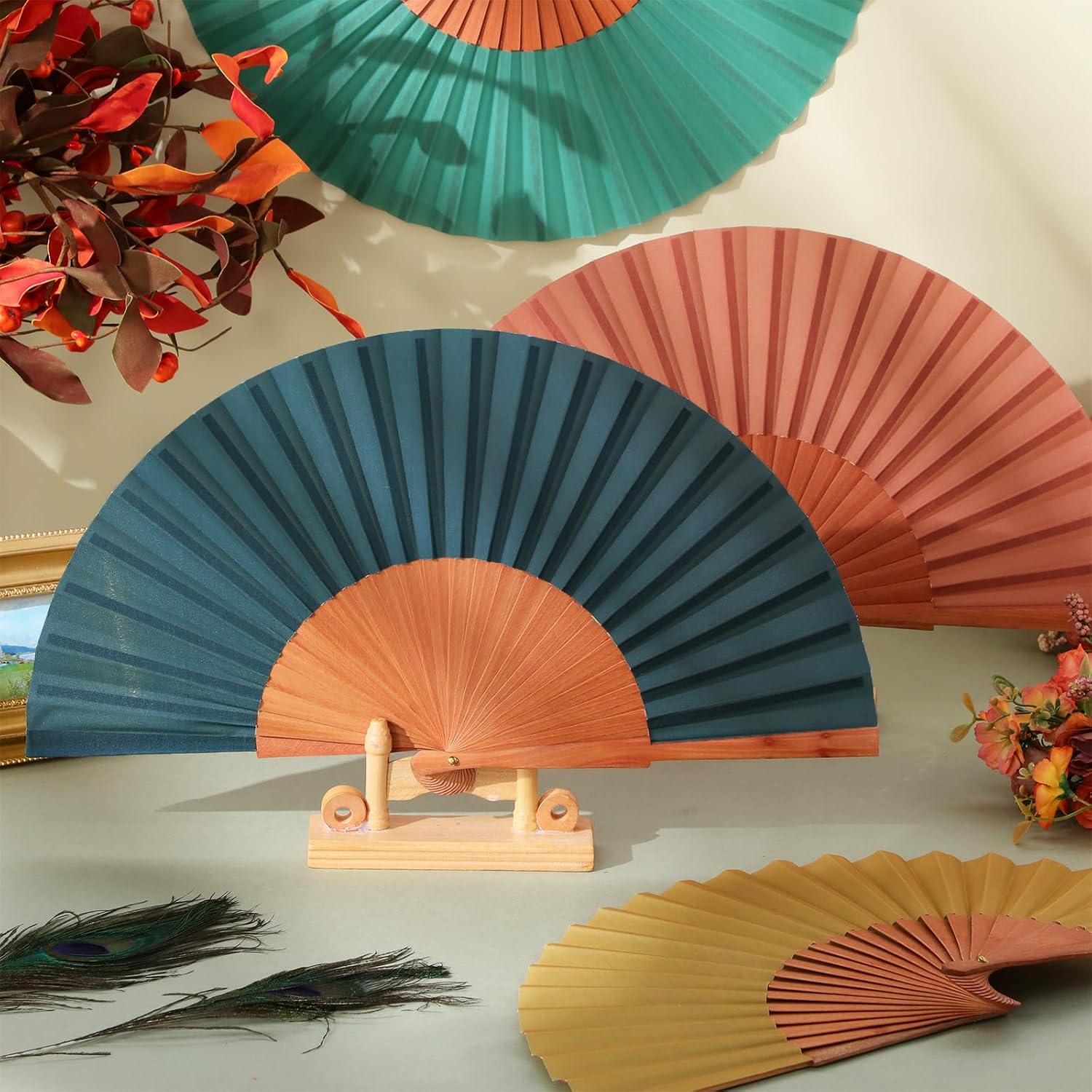 Blulu 4 Pieces Handheld Silk Folding Fan for Women Pear Wood Spanish Chinese Hand Fans Folding Vintage Crafts for Renaissance Fairs,LARP,Steampunk, Medieval,Viking or Cosplay Costumes(Vintage Color)