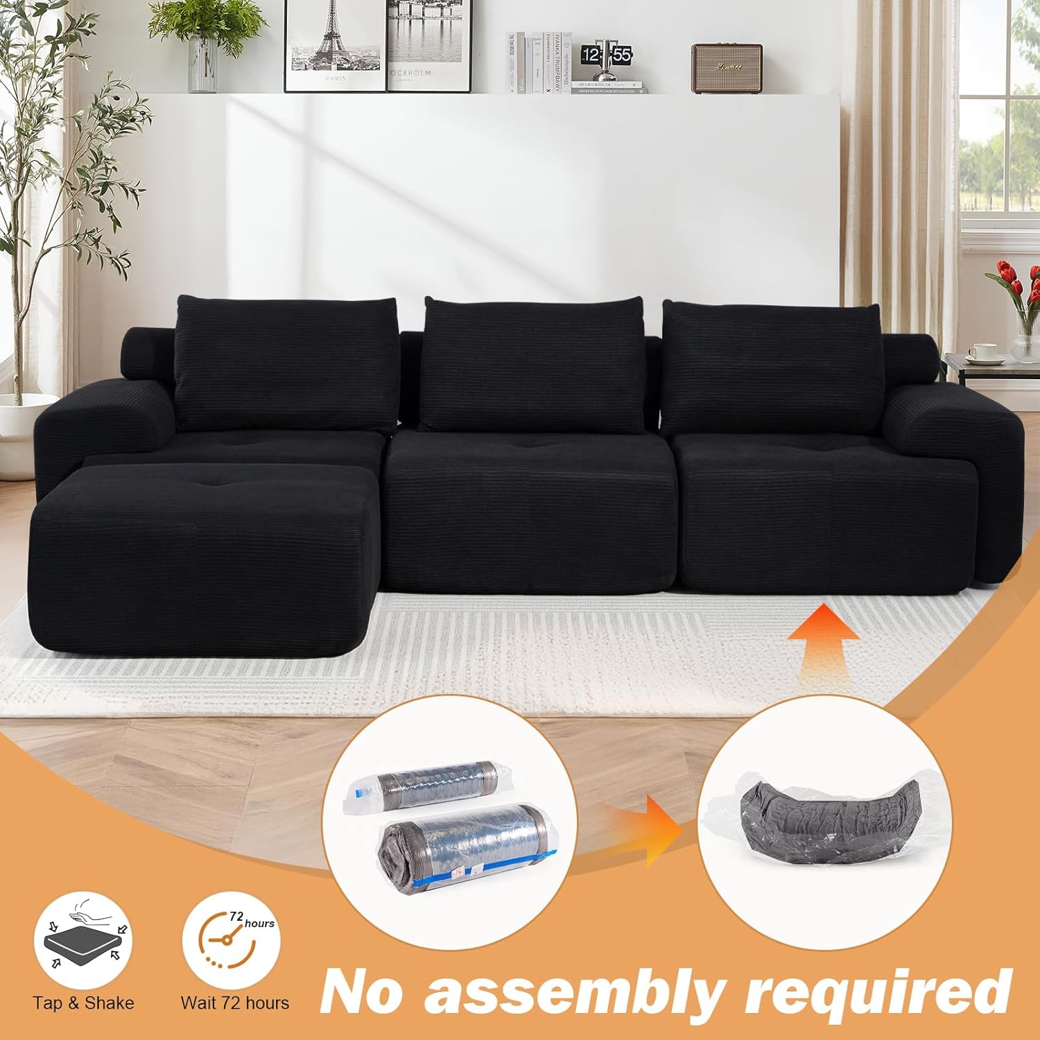 L-Shaped Sectional Sofa Bed with Memory Foam, No-Assembly Convertible Loveseat Couch, Corduroy Fabric Modular Sofa with Steel Frame for Living Room, Apartment, Bedroom, Small Spaces (Black)