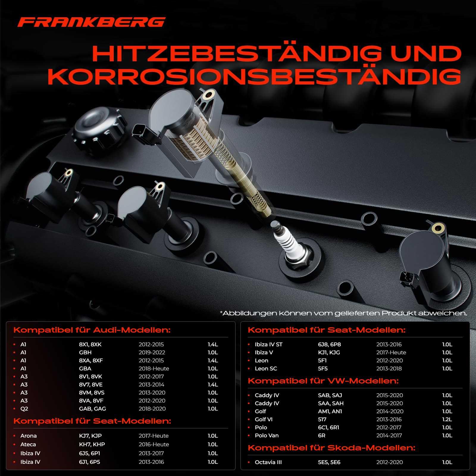 Frankberg 4x Zündspule + 4x Zündkerze 04E905110B | Kompatibel mit A1 Sportback 8XA 8XF, A3 Limousine 8VM 8VS, A3 8V1 8VK, T.C.R.O.S.S C11 D31, O.c.t.a.v.i.a III 5E3 NL3 NR3
