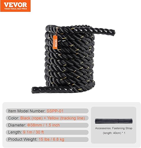 Miniatura 7 de VEVOR Cuerda de batalla, cuerda de ejercicio de poliéster de 1.5 pulgadas de diámetro y 30 pies de longitud, equipo de ejercicio de batalla, cuerda