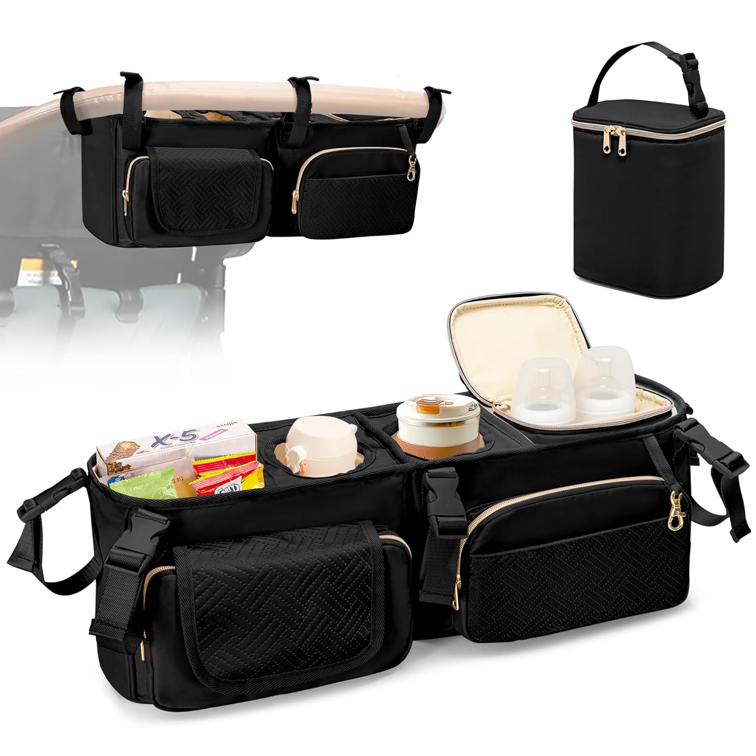 Stroller Wagon Organizer Compatible with Wonderfold W4 Wagon, Parent Console Caddy Wagon Accessories with Cup Holder and Cooler Bag, Black (Empty Bag)