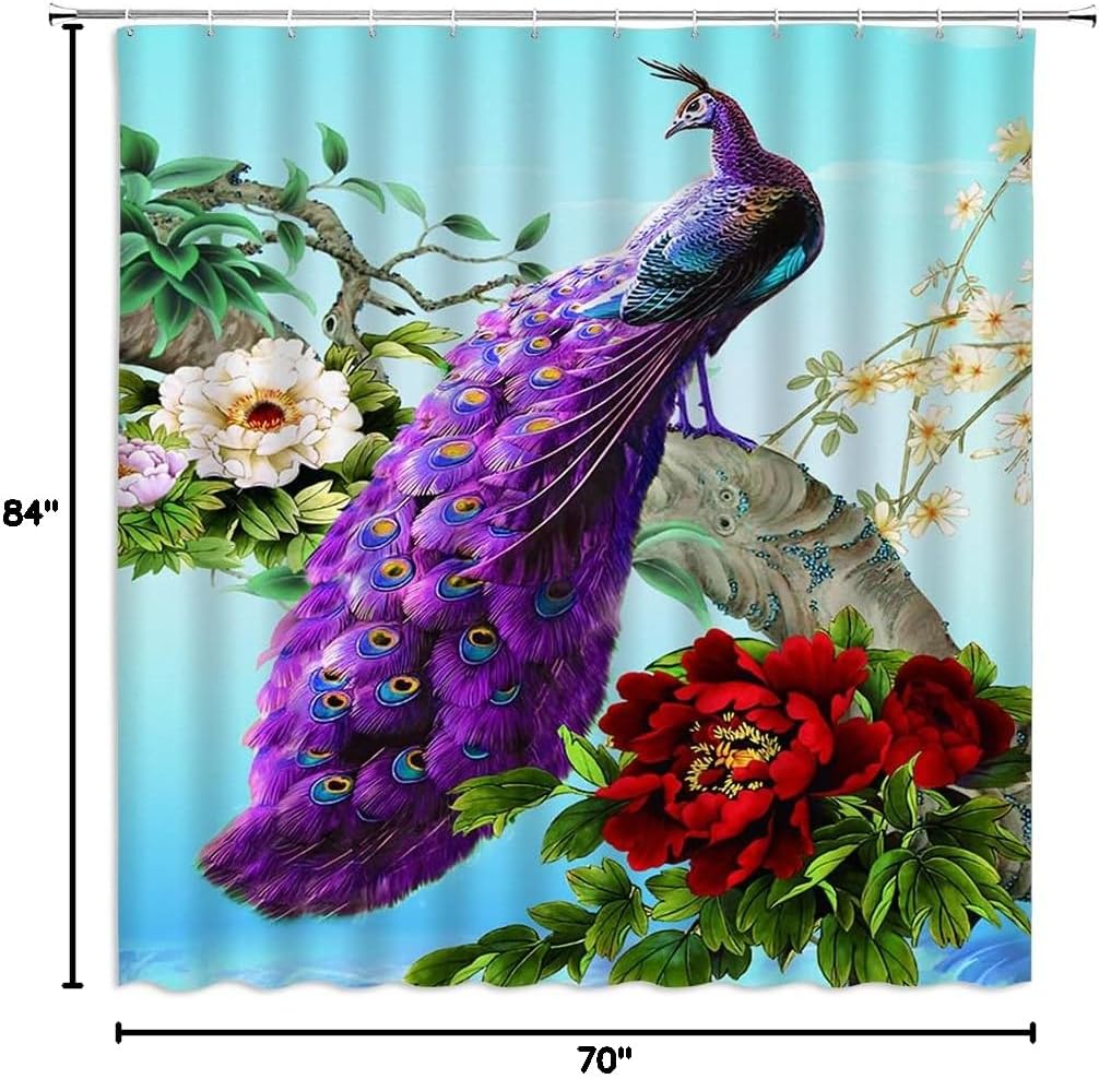 Peacock Shower Curtain Purple Peacock Feather Elegant Animal Magnolia Flower Vintage Oriental Watercolor Painting Fabric Bathroom Curtains Decor Set with Hooks(84" Wx70 H)