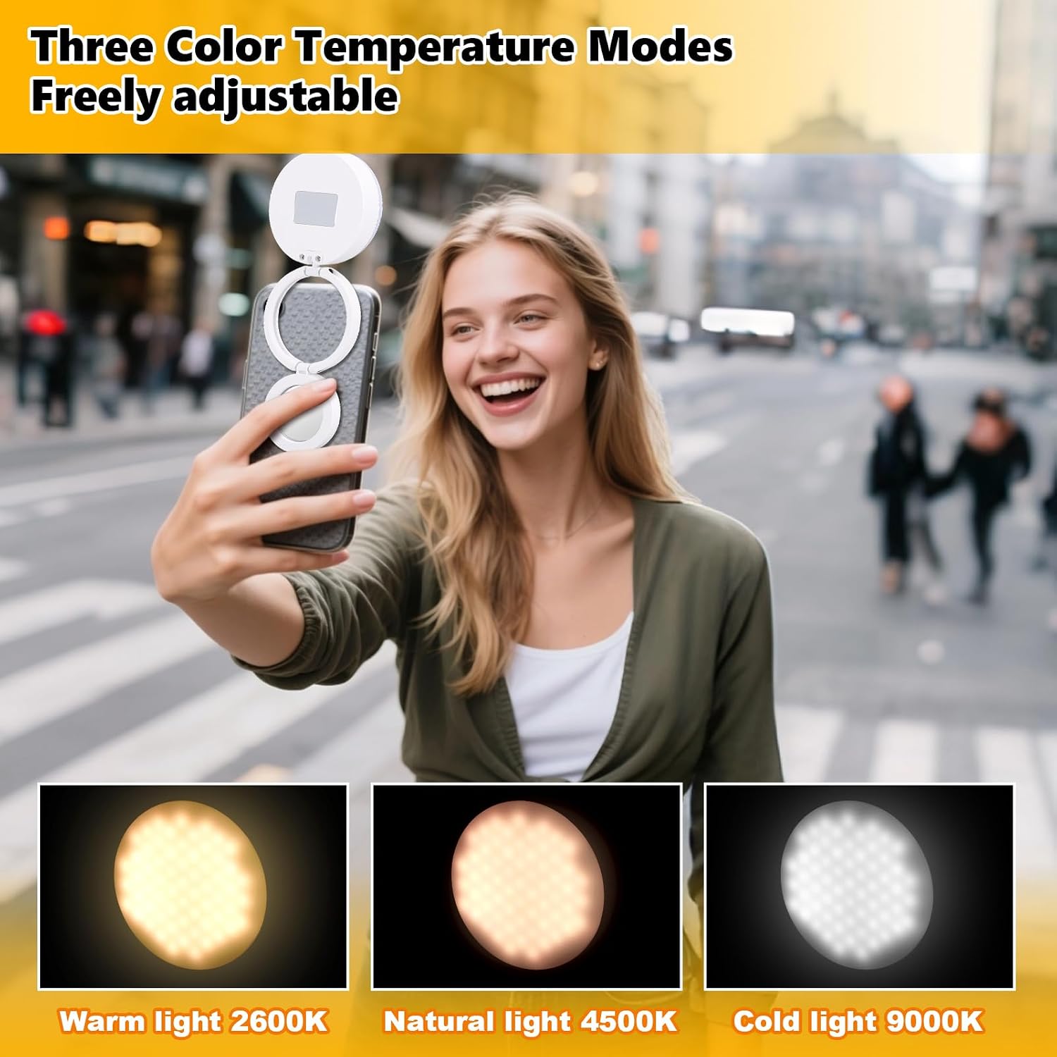 Magnetic Selfie Light, Rechargeable 360° Round Phone Magnetic Fill Light, Selfie Ring Fill Light with Mirror and 3 Light Modes for Photography/Video Calls (White)