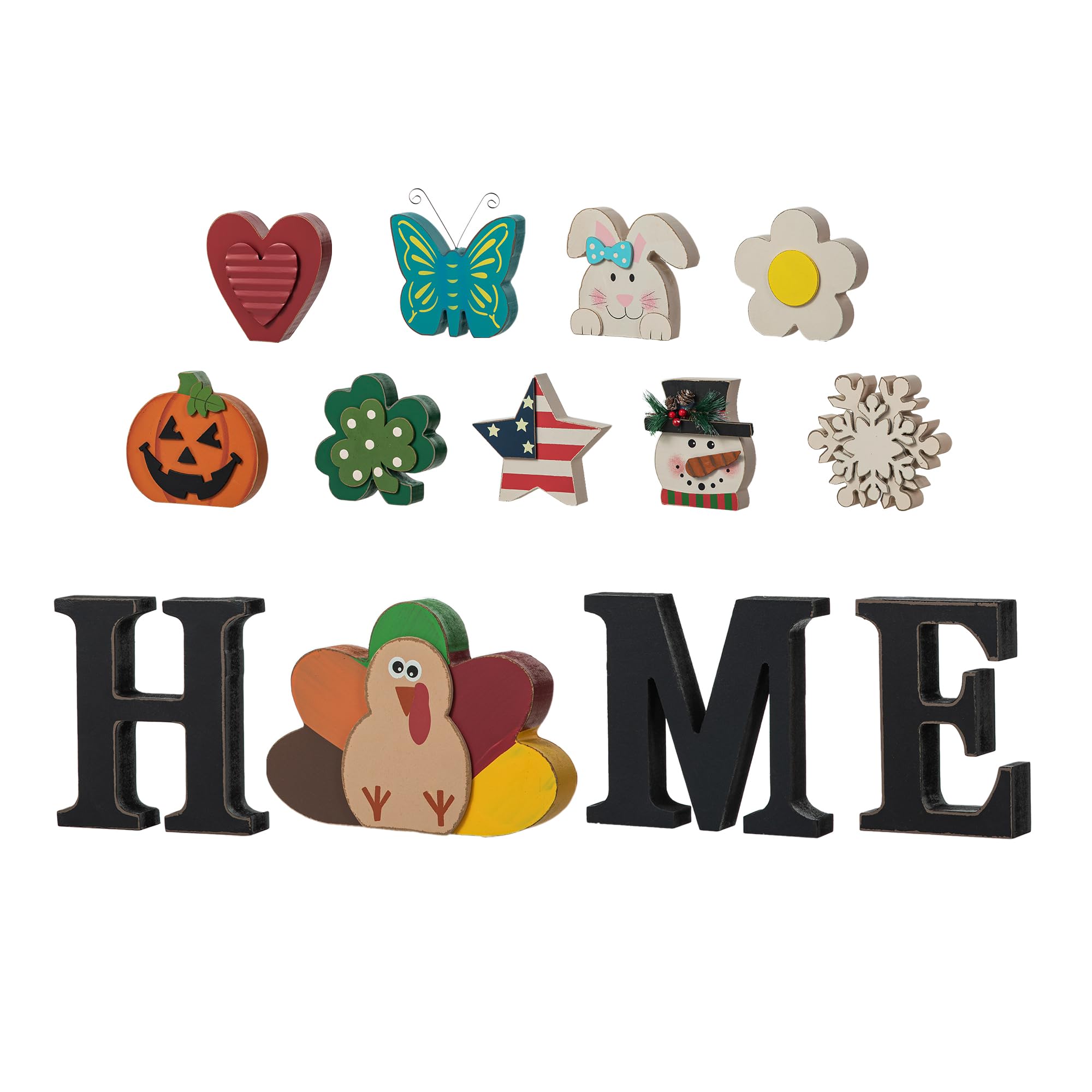 Glitzhome Interchangeable Home Table Signs with 13 Pcs Seasonal Icons, Wooden Changeable Home Sign for Holiday Decor, HOME Letter Sign Ornaments Set Interchangeable Holiday Decorative Shelf Blocks