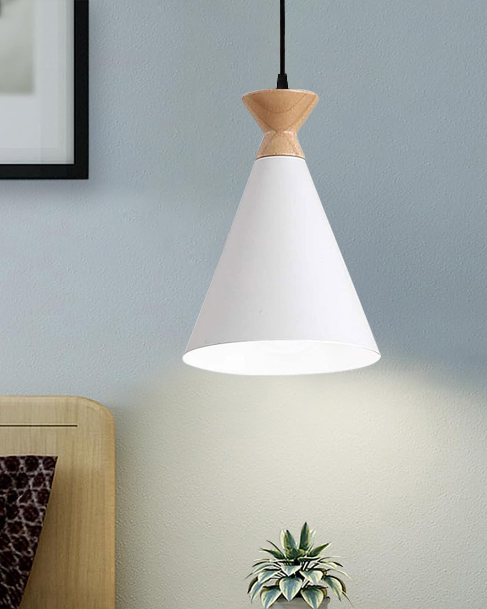 Homesake Modern Pendant Light | Wooden White Cone Shape Hanging Lamp | Stylish Ceiling Light for Living Room, Bedroom, Kitchen | Trendy Home Decor Lighting Fixture | LED Compatible|Easy Installation-image-10