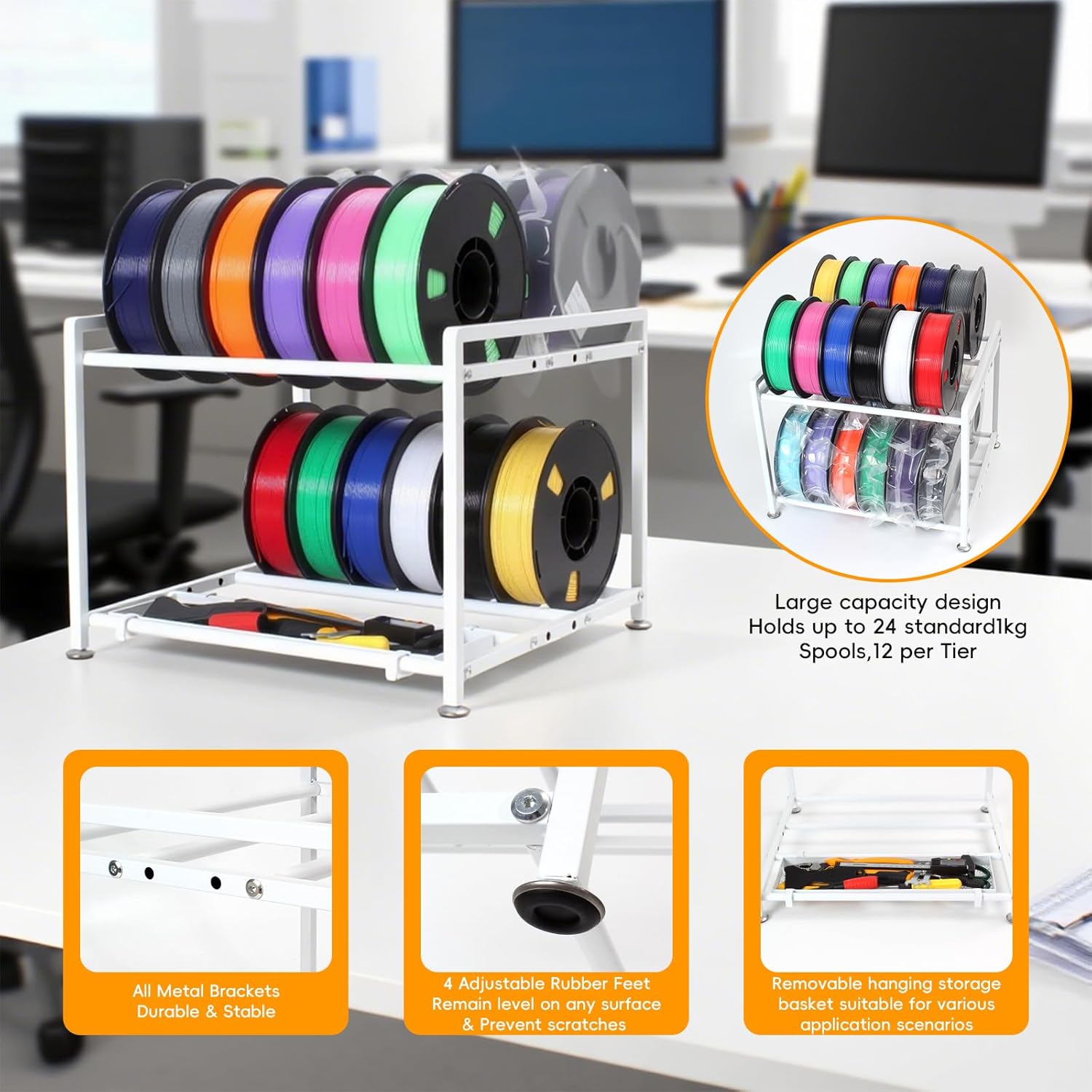 3D Printer Filament Storage Rack Desktop, 2-Tier Metal Rolling Spool Holder, Filament Organizer for 3D Printing with Storage Basket, Tabletop Rack for Filament ABS/PLA/TPU for 3D Printing Studio