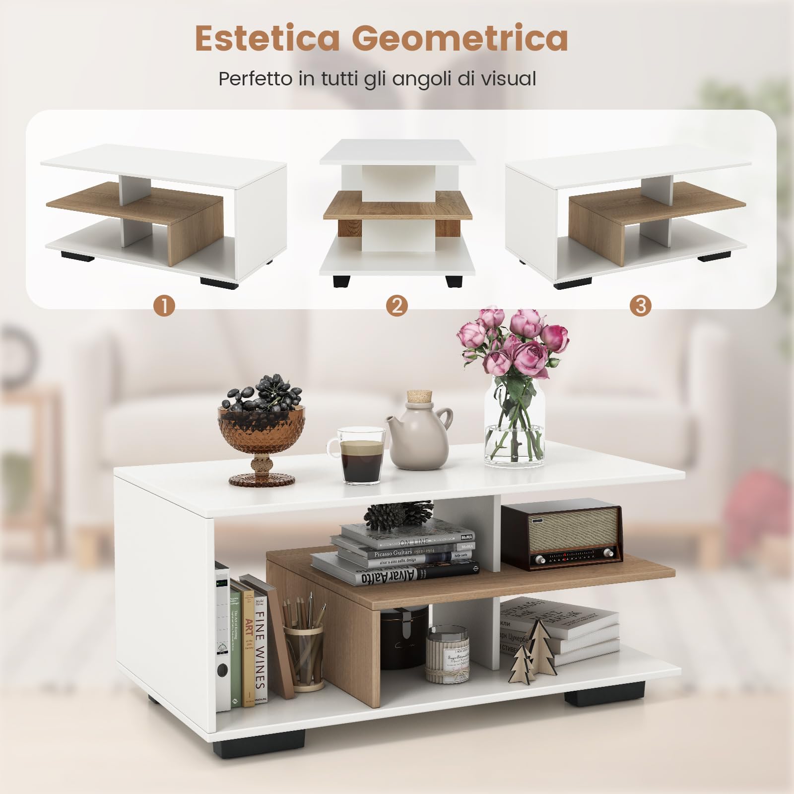 COSTWAY Tavolino da Caffè Rettangolare, Tavolo da Salotto Moderno con Mensola Centrale a Forma di L, Tavolino a 3 Livelli per Soggiorno, Sala di Ricevimento e Ufficio (Bianco)