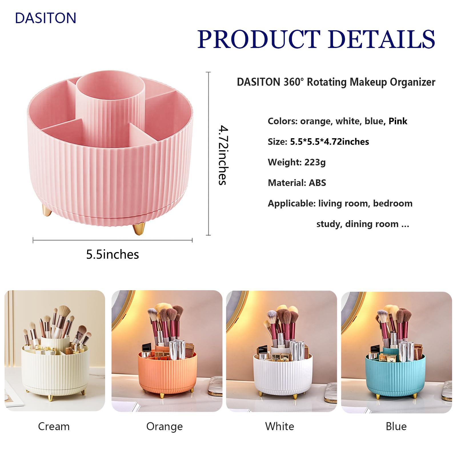 DASITON Organizer Trucchi, Porta Trucchi Multifunzione, Organizzatore di Pennelli Trucco, 360° Ruota Organizzatore di Trucco con 5 Scomparti, per Tavolo da Trucco, Bagno e Camera da Letto (Rosa)
