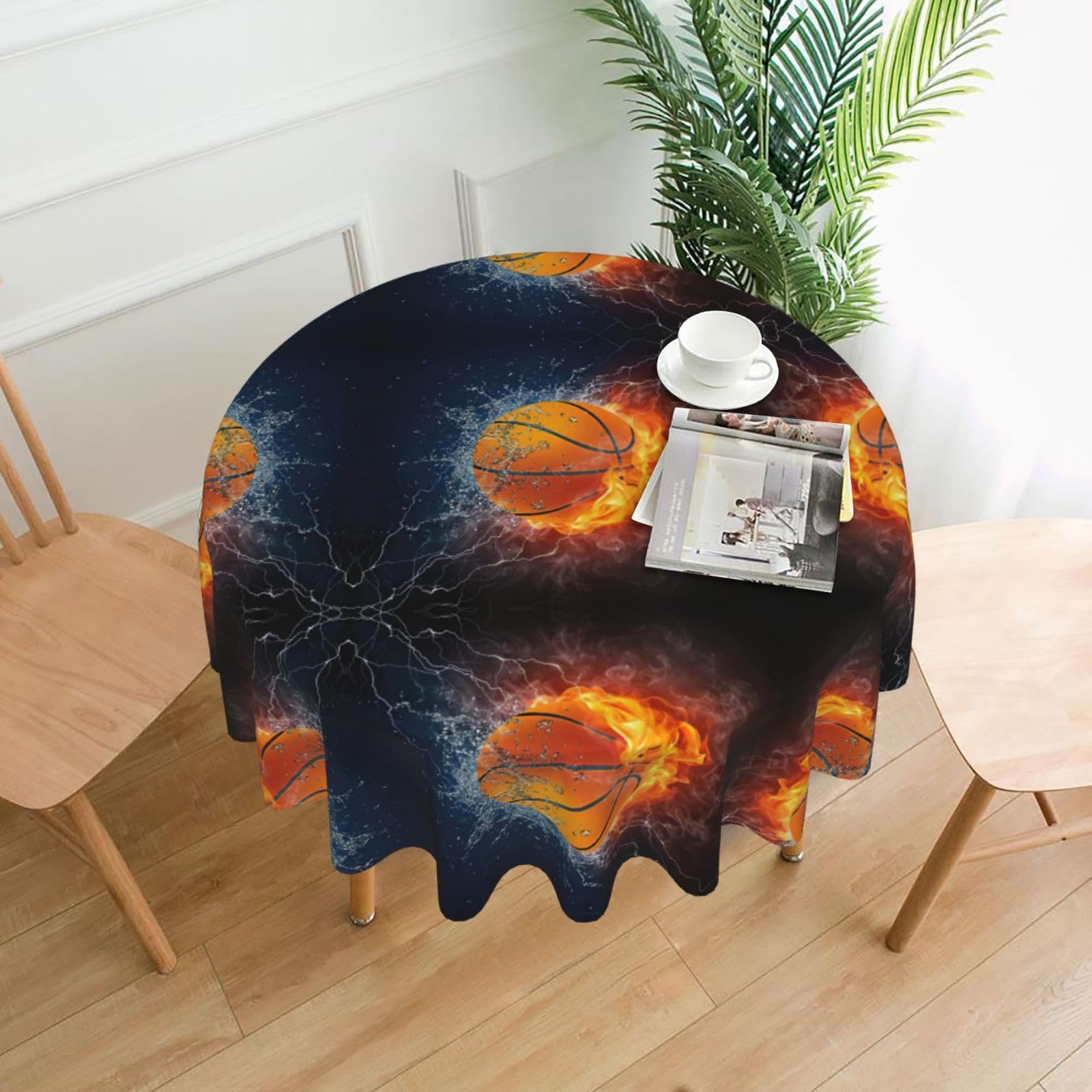 ZHAOUR Basketball On Fire And Water Flame Splashing (Print Round Washable Tablecloth – Table Cover