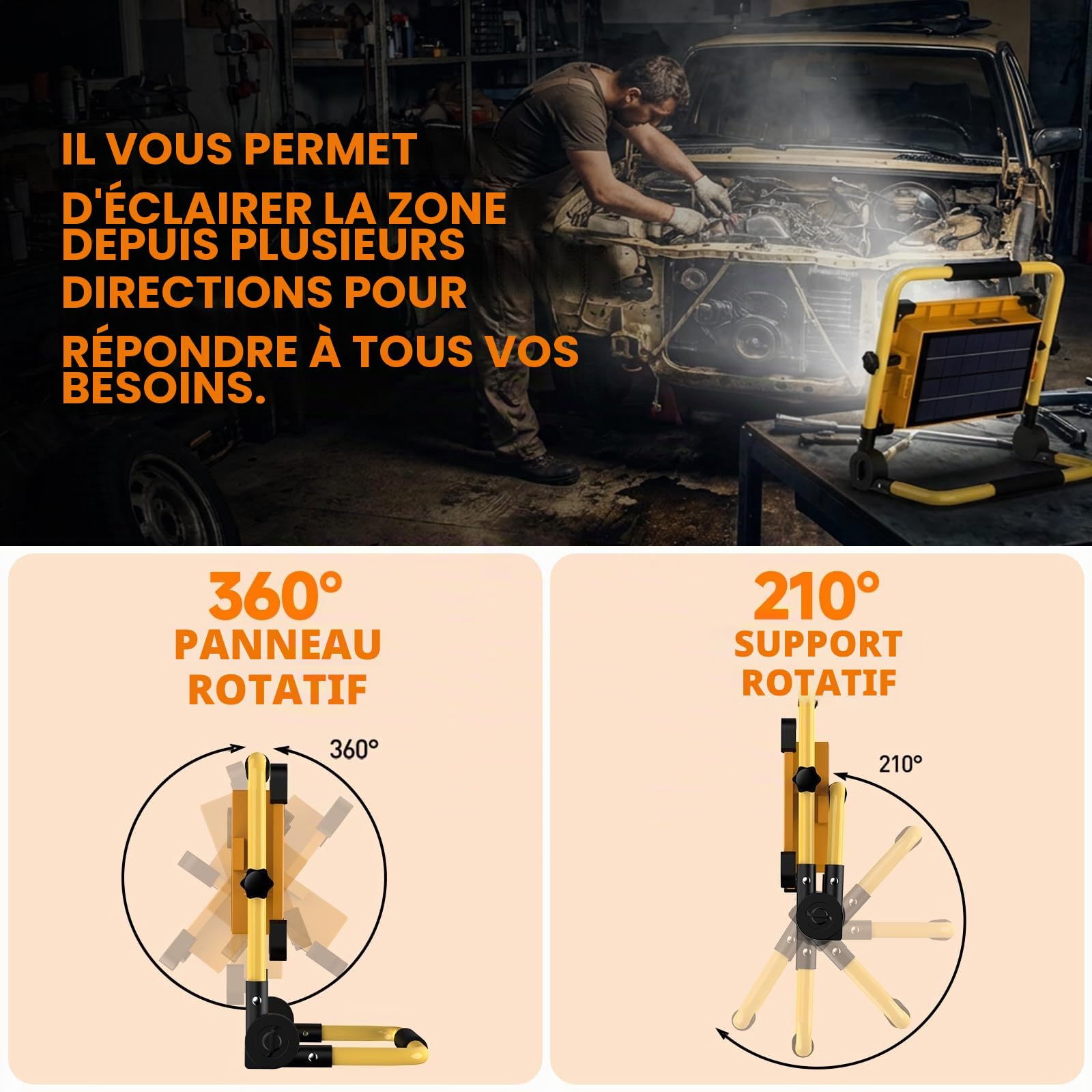 Projecteur Chantier LED Rechargeable Solaire 100W Lampe de Travail | 4 Modes, 120 LED, 14000mAh Batterie, Étanche USB Banque d'alimentation, Pour Garage, Camping, Bricolage, Atelier