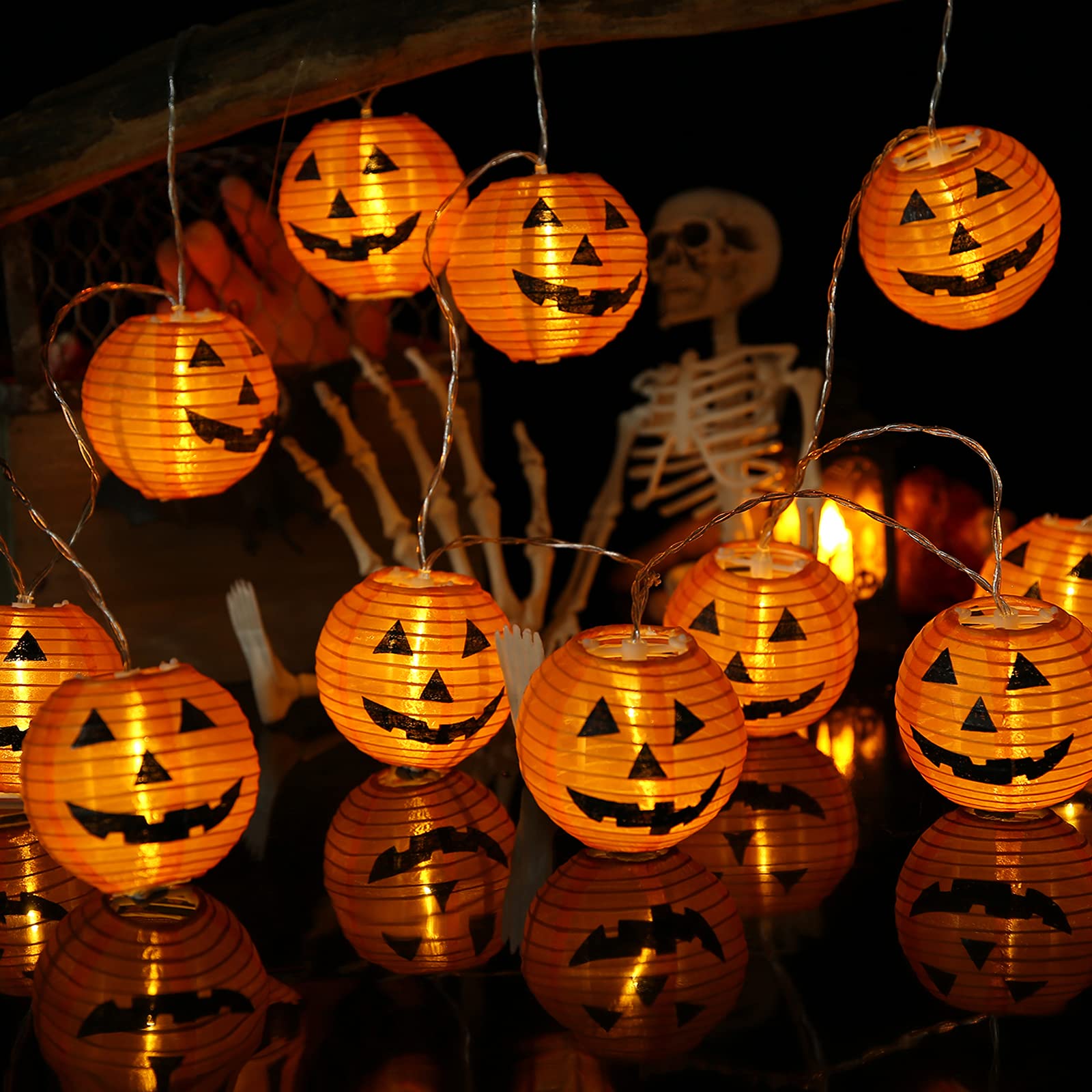 Qedertek Halloween Decorazione con Luce Arancio, 20 Lanterna con Figura di Zucca, Catena Luminosa a Batteria per Halloween, Luci Halloween per Decorazione Interno ed Esterno, Giardino, Albero, Festa