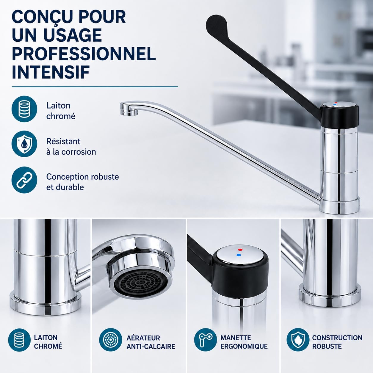 GOLDMAN SERVICE | Robinet coudé gérontologique monocommande, levier long 30 cm, bec 360°, robinet sanitaire et hygiénique pour hôpitaux, cliniques, laboratoires et cuisine professionnelle