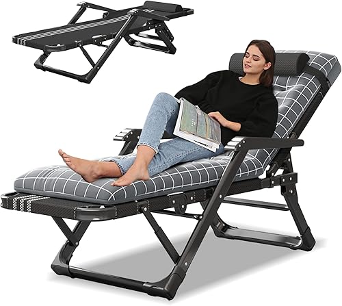 Sillón reclinable plegable para exteriores con colchón, 5 posiciones ajustables para patio, sillas reclinables, perfectas para exteriores, tomar el