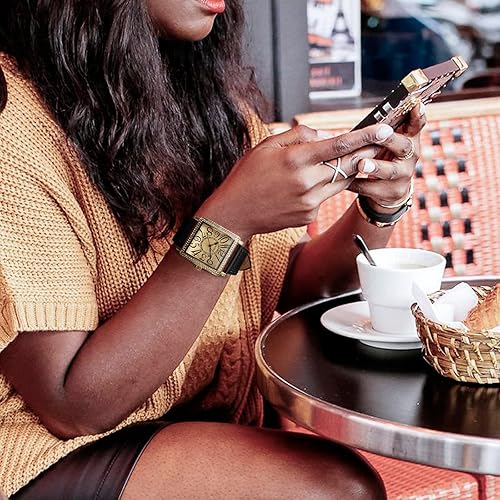 Miniatura 5 de Valence Women's Vintage Square Quartz Watch - 33mm Gold Case, Brown Genuine Leather Strap, 30M Waterproof, Day & Date Window,Gift for Lady