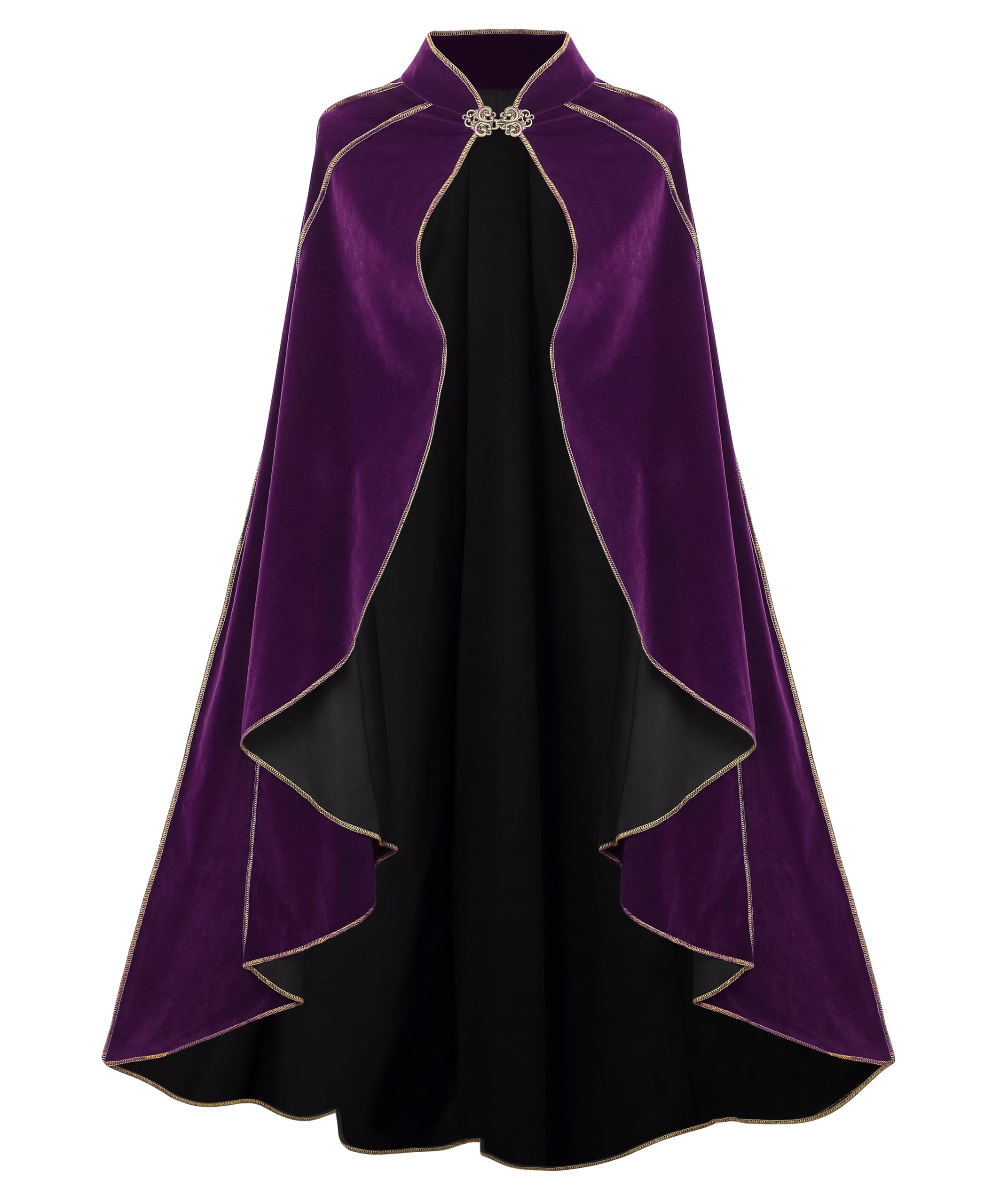 DELIVESS Women's Medieval Renaissance Velvet Cape Stand Collar Gold Trim Cloak for Adults, Halloween Cosplay LARP Party Festival Costume(43.31", Purple)