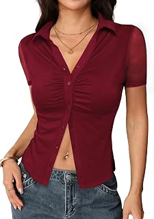 LovelyWholesale 여성용 버튼 업 반소매 셔츠 여름 섹시 메시 주름 장식 칼라 상의