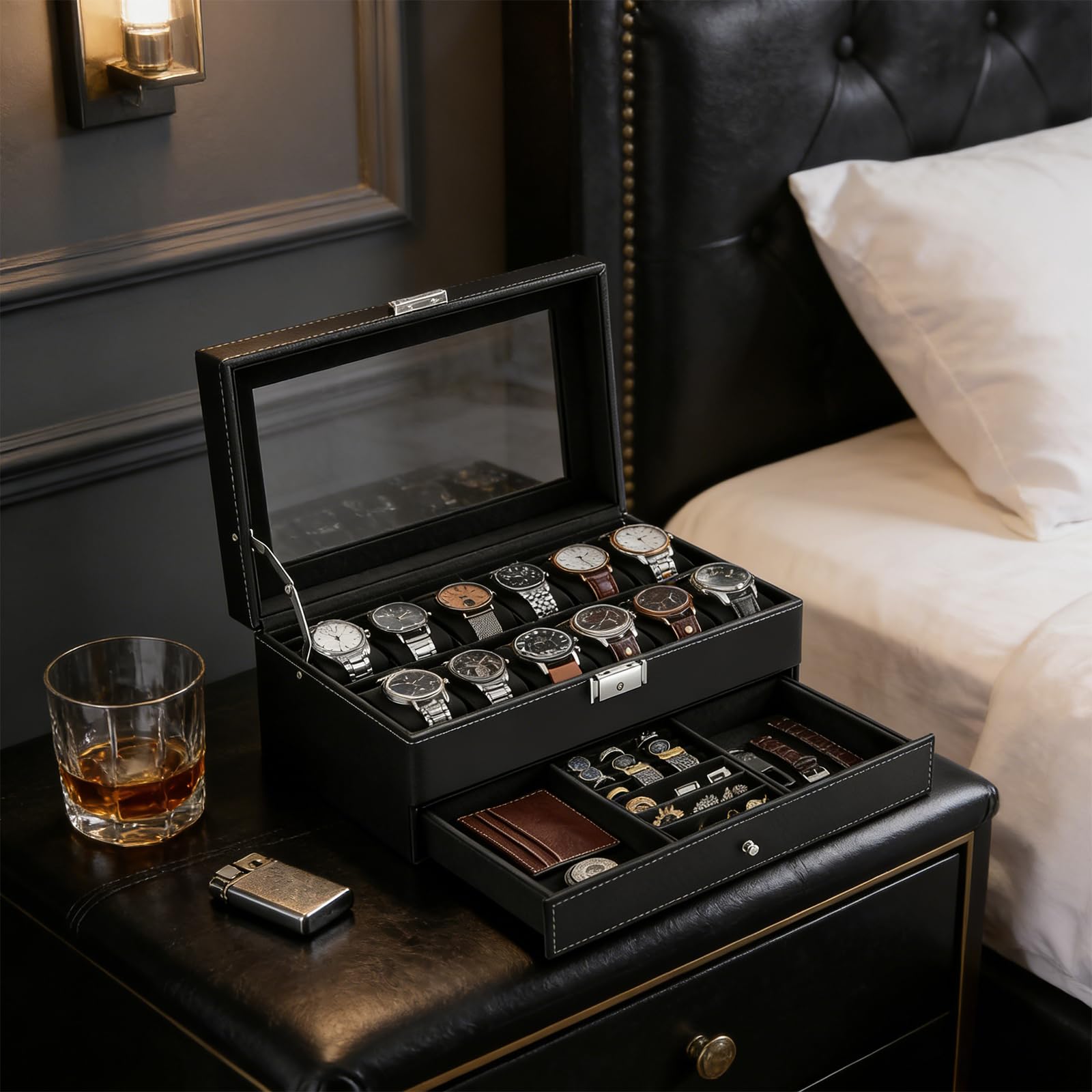 Boîte à montres à 2 couches,Coffret à Montres avec couvercle en verre,Rangement pour Montres en Cuir,12 compartiments et 1 tiroir,pour montres, bagues, bracelets,Boîte de Montre Noir