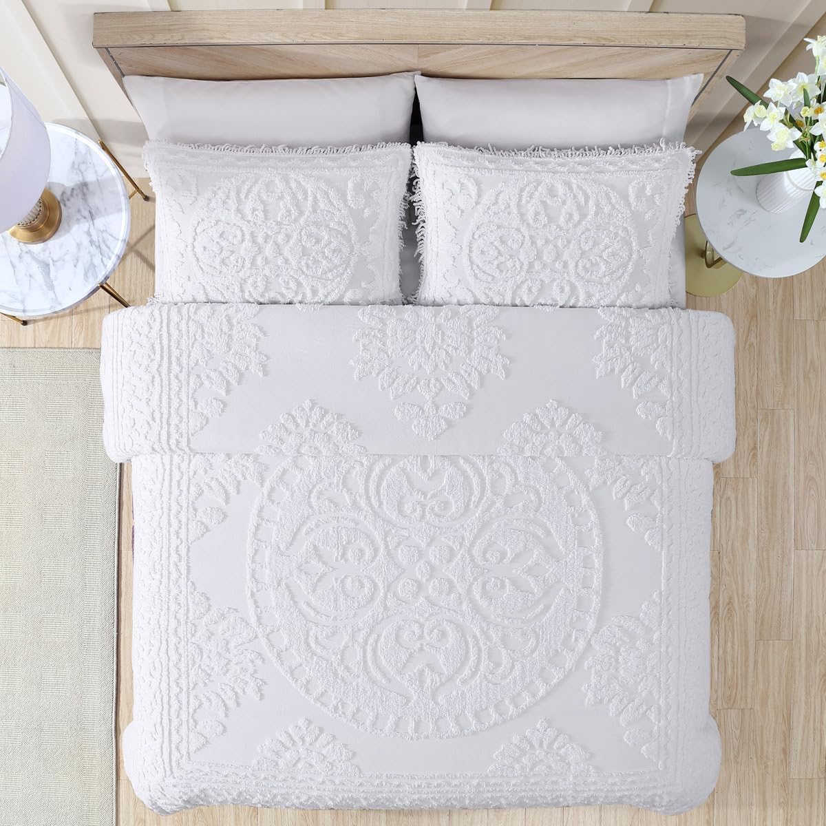 Vintage Style Tufted Embroidered Cotton Chenille Bedspread King Size Elegant Fringed Hem | All Seasons White Cream Color Aesthetic Bedding Soft Plush Cozy Luxury Country Farmhouse Quilt Coverlet