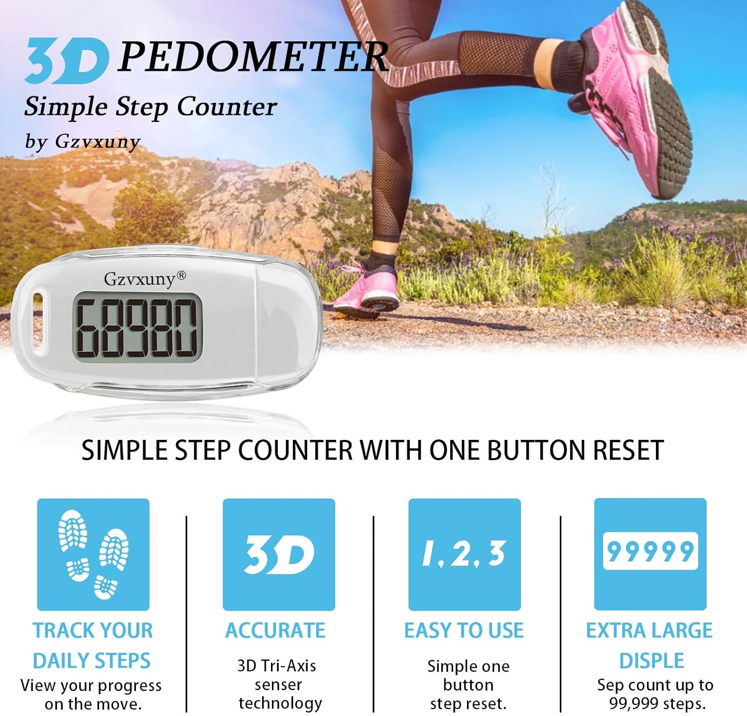 Gzvxuny 3D Pedometer with Clip and Strap, Simple Walking Step Counter, USB Rechargeable Accurate Step Counter, Daily Target Monitor, Exercise Time, Black : Sports & Outdoors