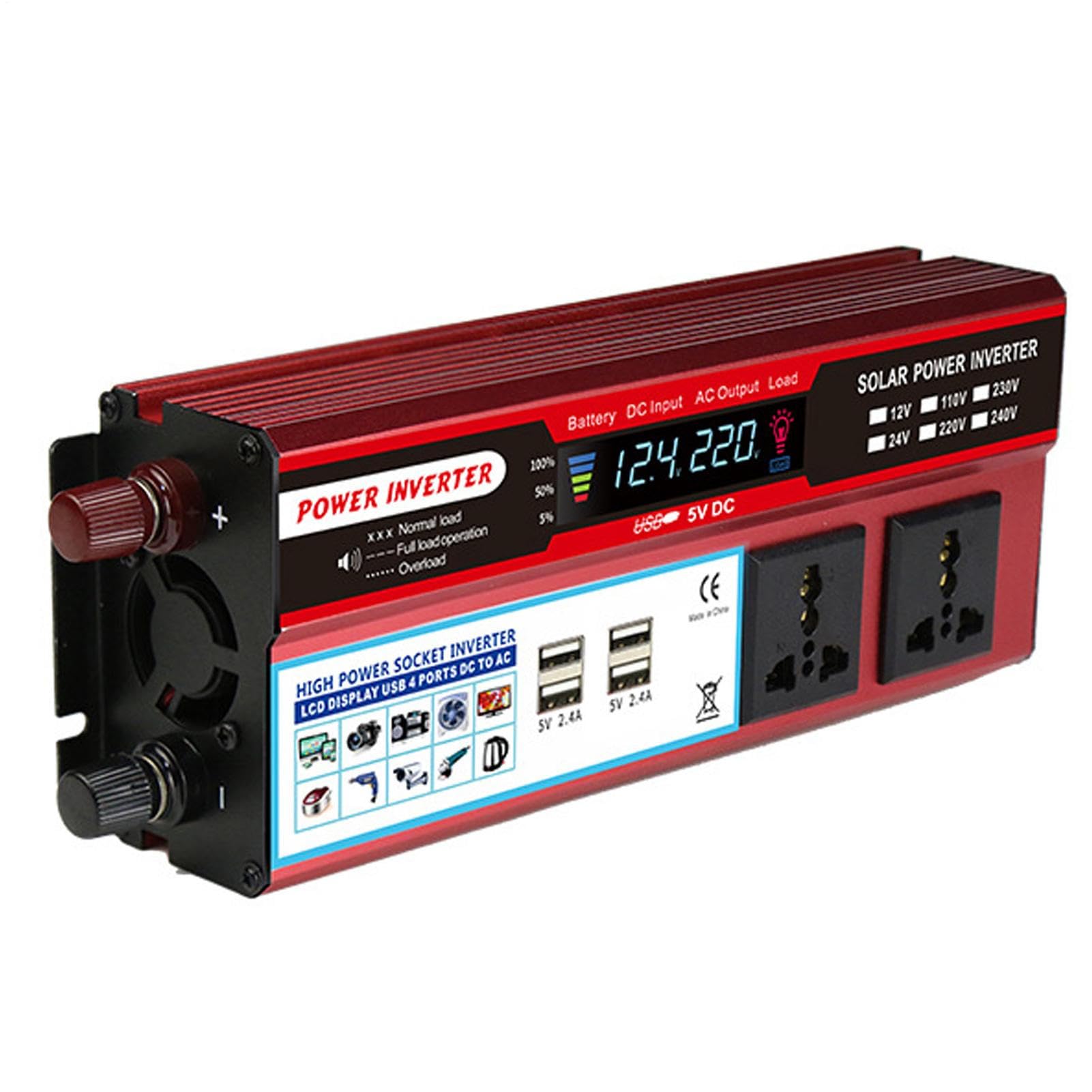Inversor de Corriente para Coche | Inversor de Corriente para vehículos | Multifuncional | de de 2000 W CA 100 V-120 V/CA 220-240 V con Puertos USB y Ventilador de refrigeración para