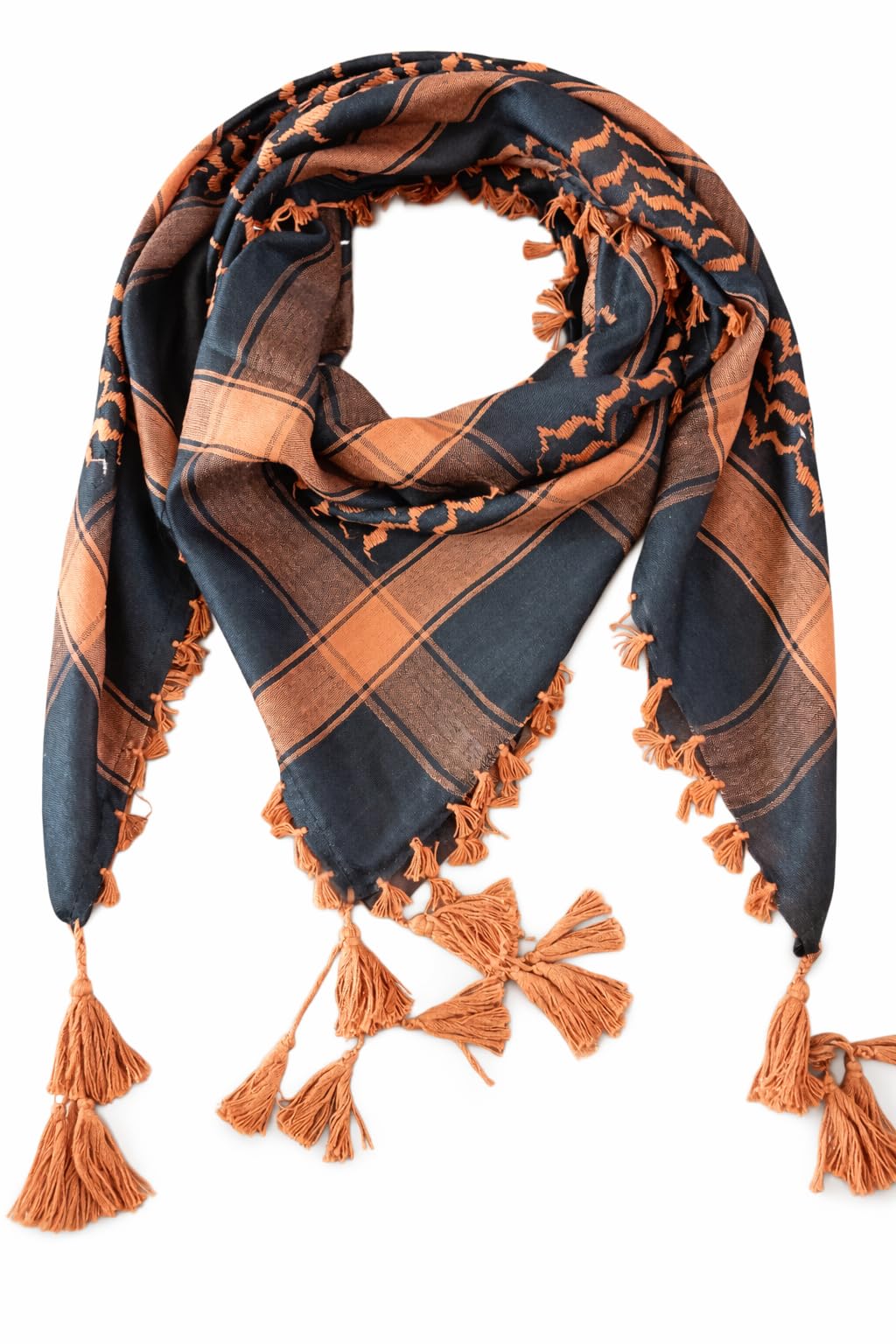 Arabic Scarf with Tassel Fringe, Black and Orange Plaid Pattern, Traditional Shemagh Style Square Scarf-image-38