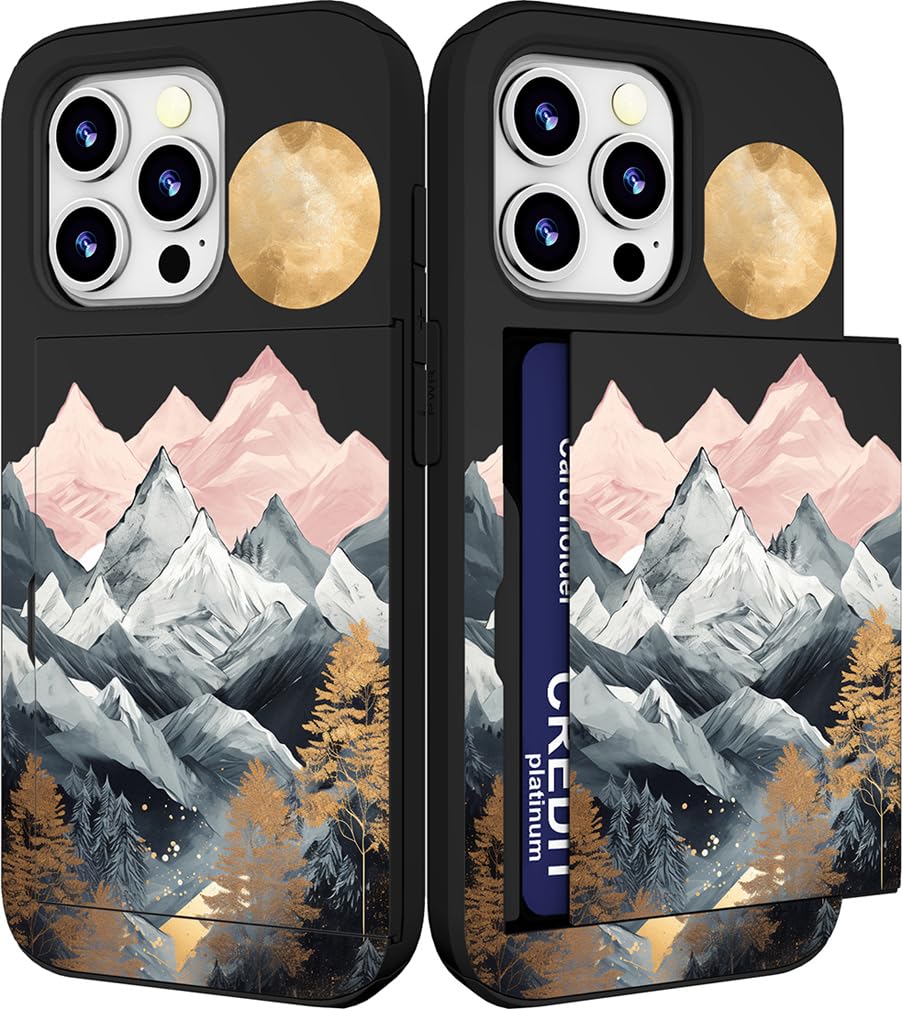 Compatible with Iphone Promax Case Cute with Card Holder Slim Slot Phone Pro Max Wallet Cases for Women/Hill Sun Snow Mountains Trees Nature Landscape Natural
