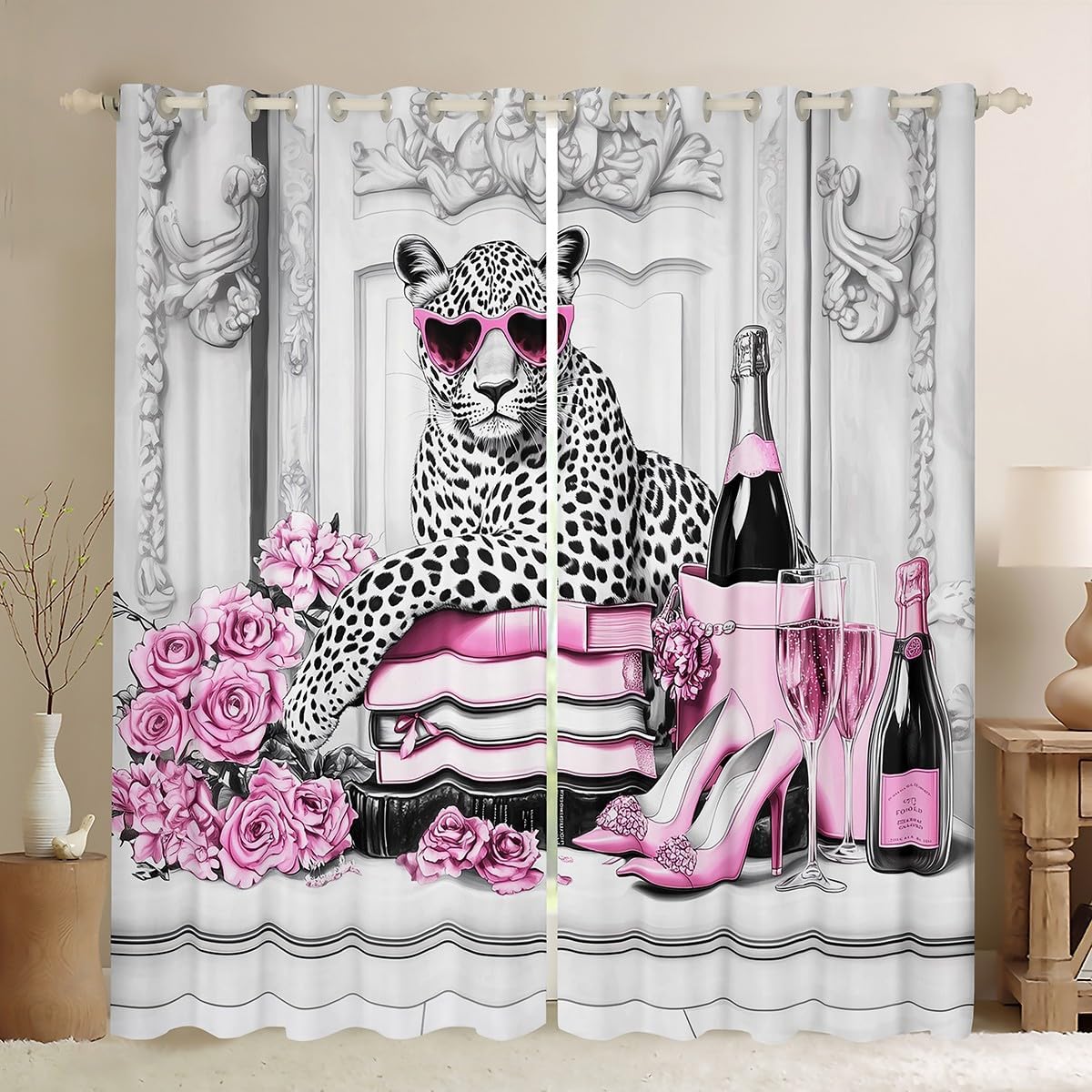 Leopard Cheetah Curtains 42Wx84L,Pink High Heels Champagne Roses Floral Windows Drapes Block 30%-50% Light,Cool African Wild Animal European Style Gray Grommet Window Treatment,2 Panels