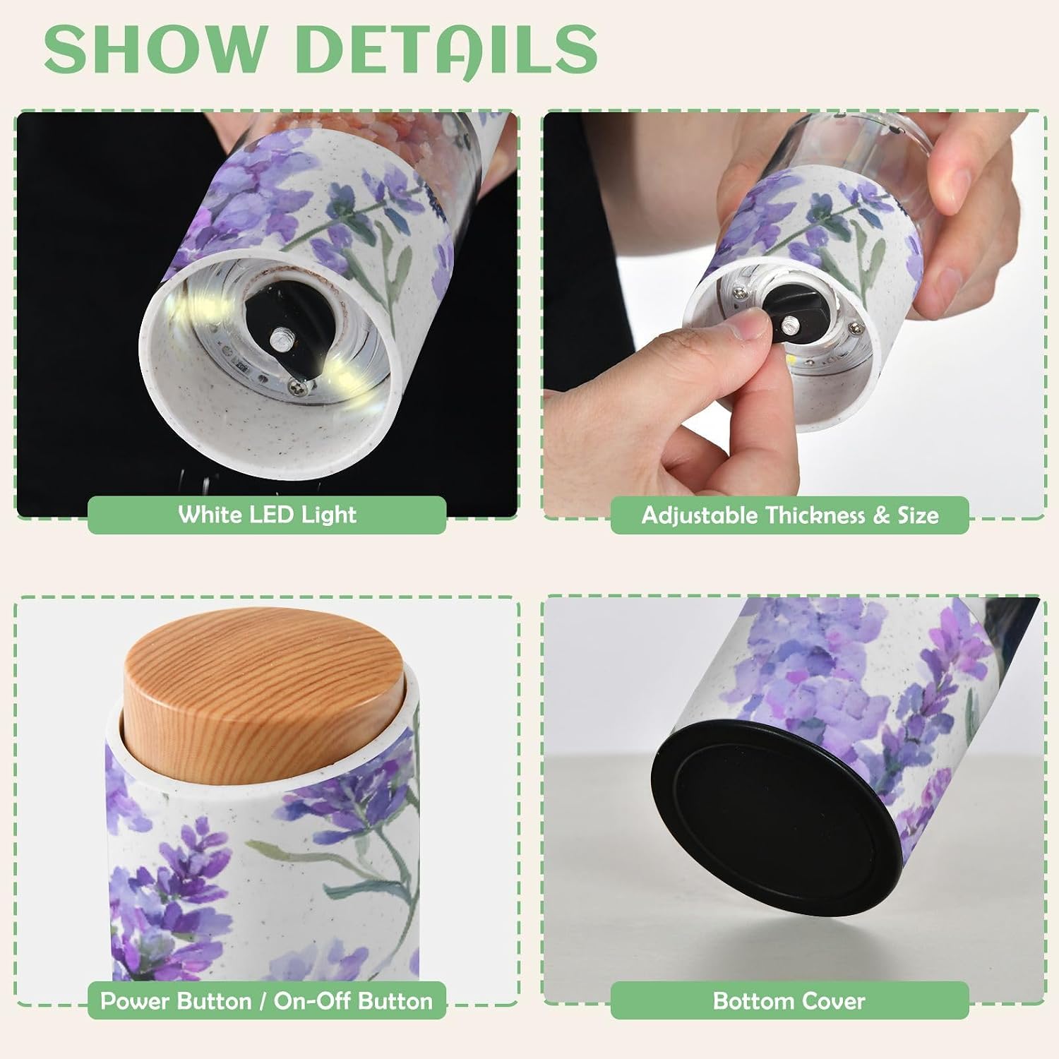 ALAZA Electric Pepper Grinder with Adjustable Coarseness, Butterfly Lavender Pattern Purple Battery Automatic Salt and Pepper Mill with Led, One-Handed Operation Spice Grinder for Kitchen, Camping & B