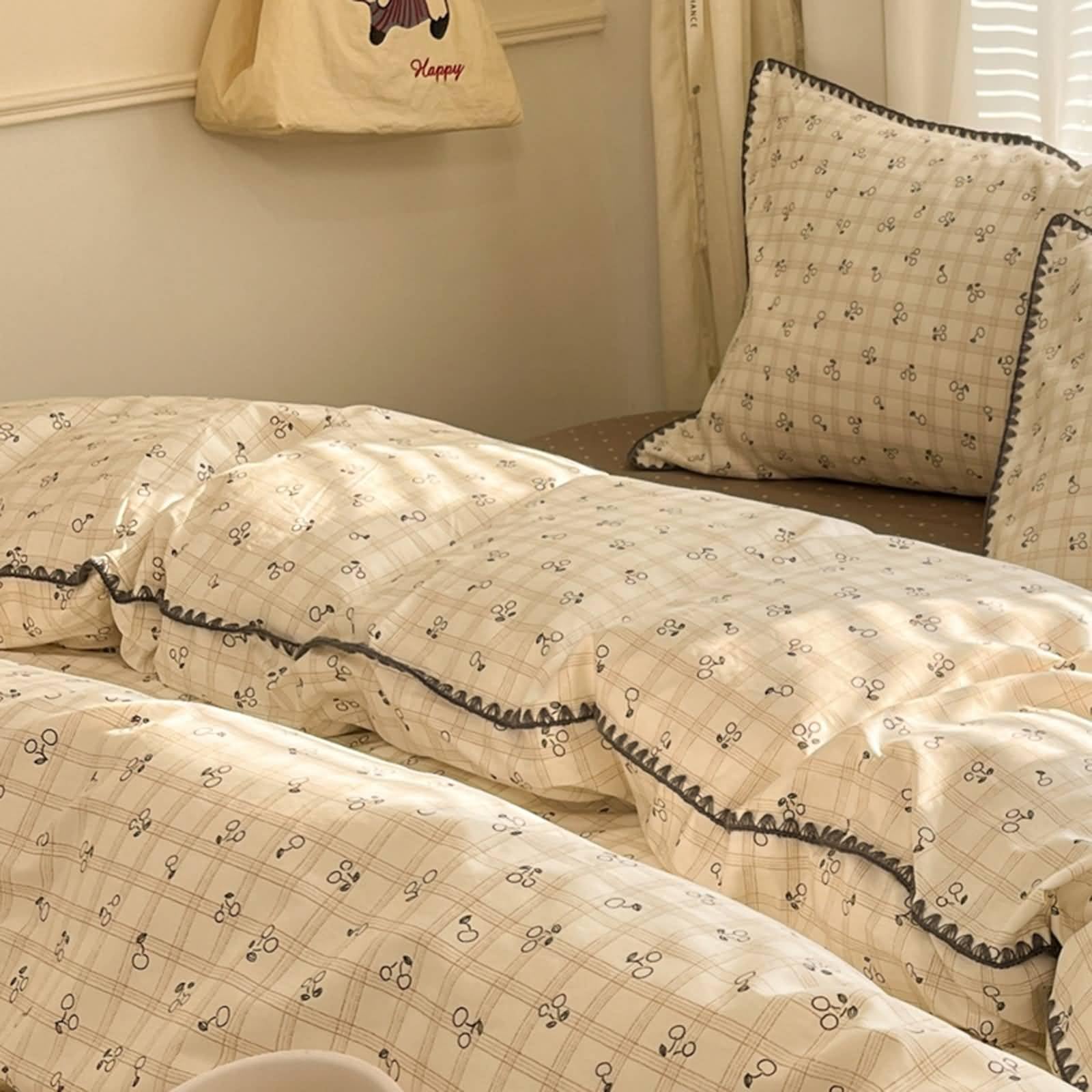 Gualiy Komplet pościeli 4-częściowy, bawełniana krata i wiśnia Super King poszewka na kołdrę 200 x 230 cm z 1 płaskim prześcieradłem i 2 poszewkami na poduszki, ciemnoszary