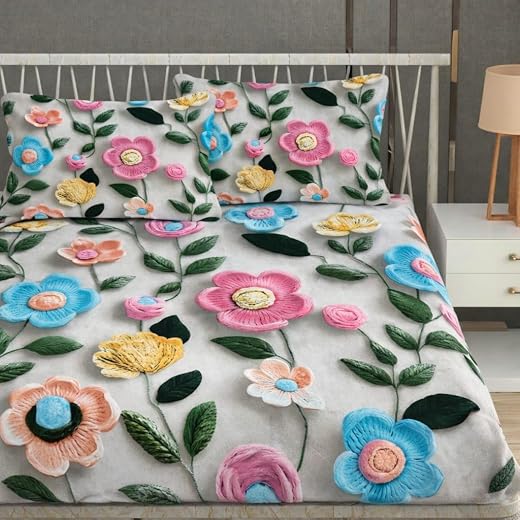 RUMPS 380 TC Premium Heavy Cotton 7D Print Fast Colour Feel Elastic Fitted Floral Bedsheet King Size with 2 Pillow Covers