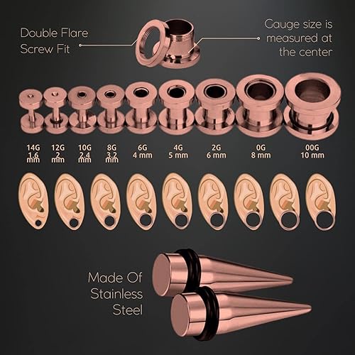 Miniatura 19 de BodyJ4You kit de 37 piezas de diferente calibre para dilatar perforaciones de oreja, aceite de jojoba, 14G-00G, acero quirúrgico Negro