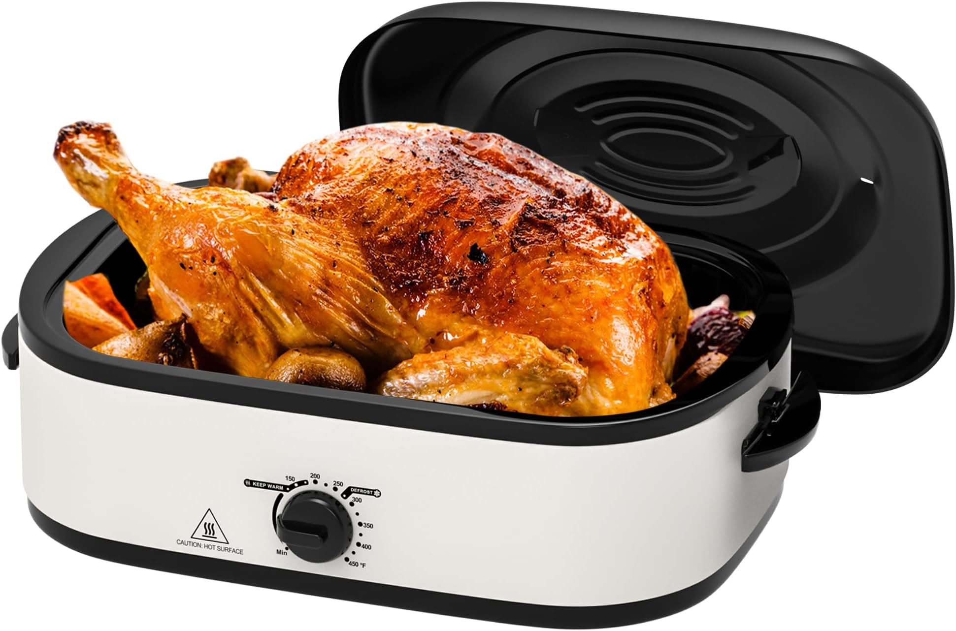 14 Quart Electric Roaster Oven, Turkey Roaster Electric, Roaster Oven Buffet, Selfbasting Lid, Removable Pan, Full-Range Temperature Control Cool-Touch Handles, White Body, Black Lid