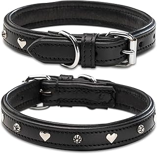 Jack & Russell Leather Dog Collar Black with Appliqués Heart & Flower - Double-Layer Genuine Leather Dog Collar Coer (S (26.0-36.0)) product image