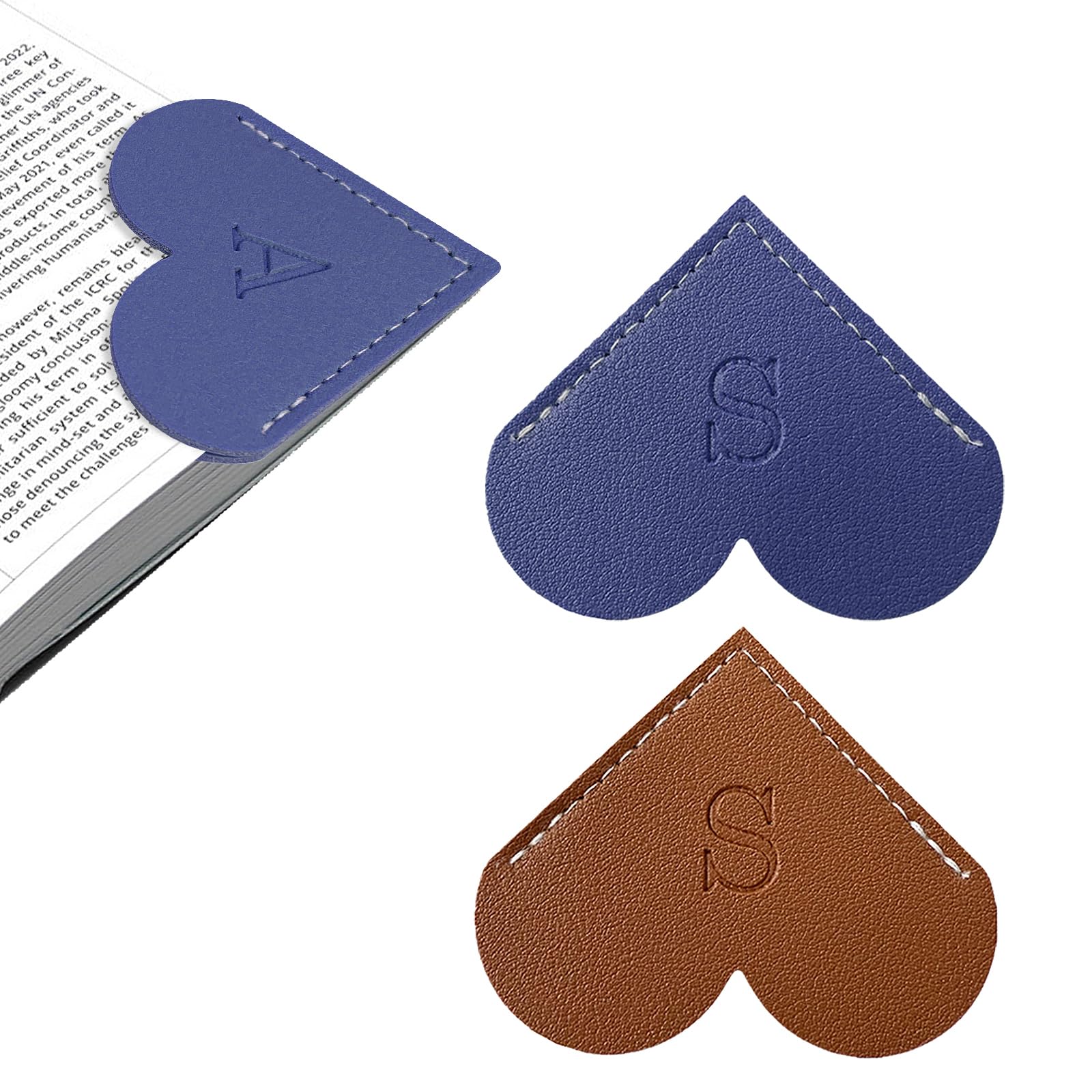 2Pcs Personalized Leather Heart Bookmark with Initial, 26 Letters Custom Corner Page Book Mark for Reading Women, Book Lovers, Teachers, Students,