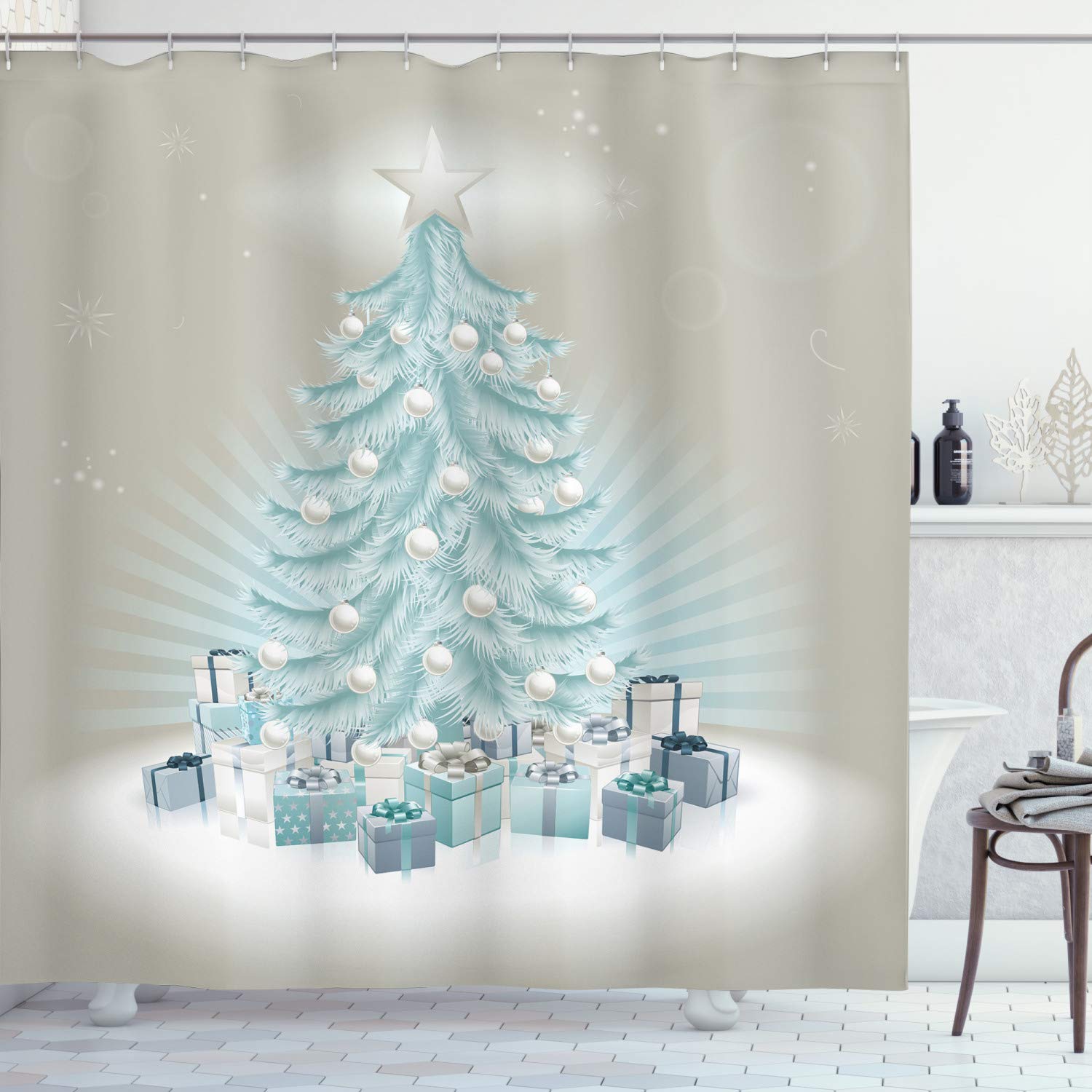 Weihnachts-Duschvorhang Mit Tannenzweig & Spruch | Rustikales Holzbrett Design | Wasserdicht 177,8 X 177,8 Cm | Für Badezimmer & Dekoration