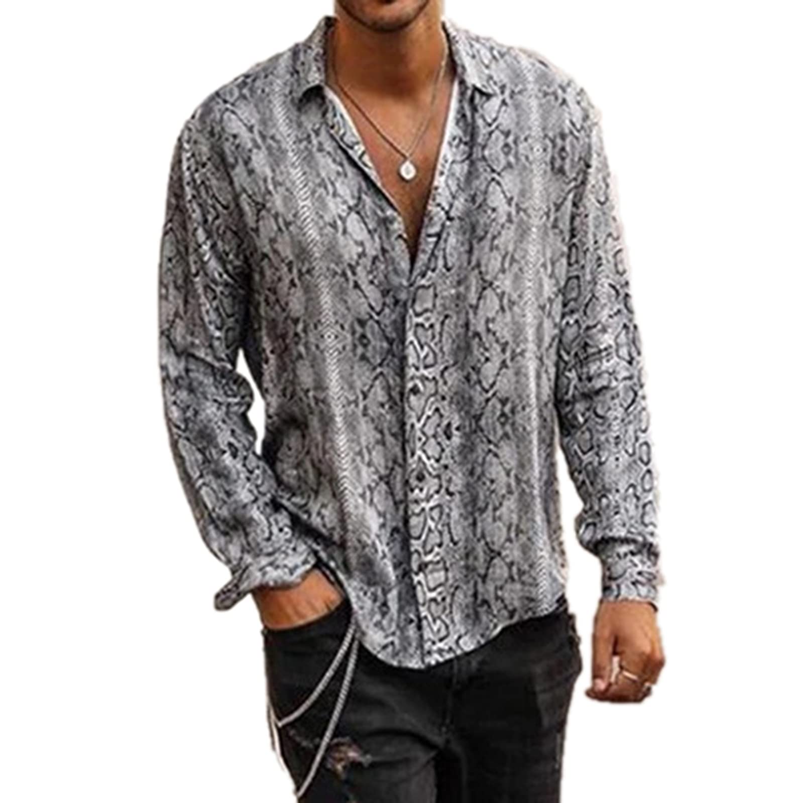 keepmore Camisas de Tendencia para Hombres Patrón de Estampado Animal Corto Manga Larga Botones Sueltos Tops Casuales de Verano-Estampado de Serpiente Leopardo Tigre