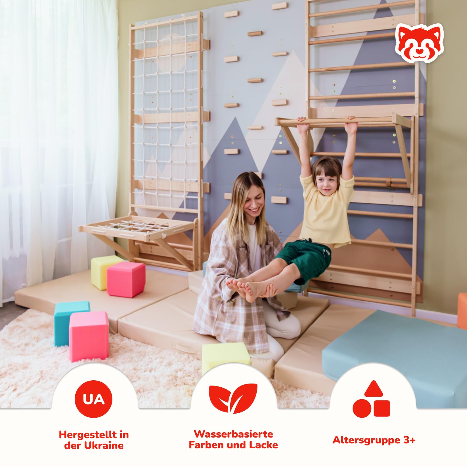 Wood And Hearts Sprossenwand, Klettergriffe, Kletterwand kinderzimmer, Klettern, Indoor Spielplatz, Klettersteine, Baby Klettern Indoor, Spielplatz (Kletterwand-Gym + Sit-Up-Stange)