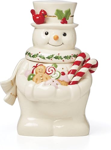 Happy Holly Days Christmas Snowman Cookie Jar | ivory porcelain with 24k gold accents | 5.5 x 5 x 10 inch size | festive holiday cookie jar, christmas kitchen decor