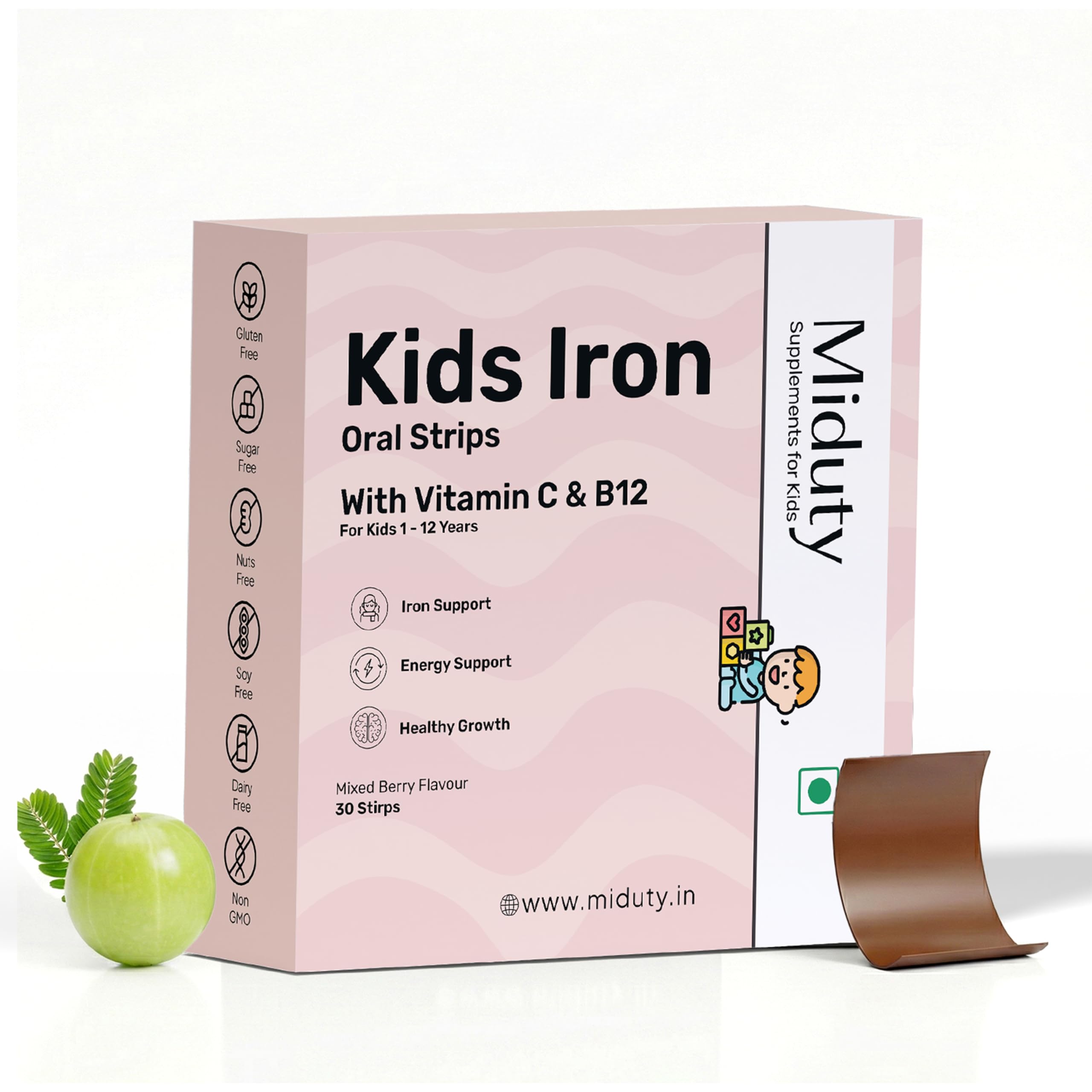 Miduty Iron Strips for Kids - Dissolvable Strips for better Iron absorption - Energy Boost - Iron Supplement with Vitamin C & Vitamin B12 - Mixed Berry Flavour - 30 Oral Strips-image-5